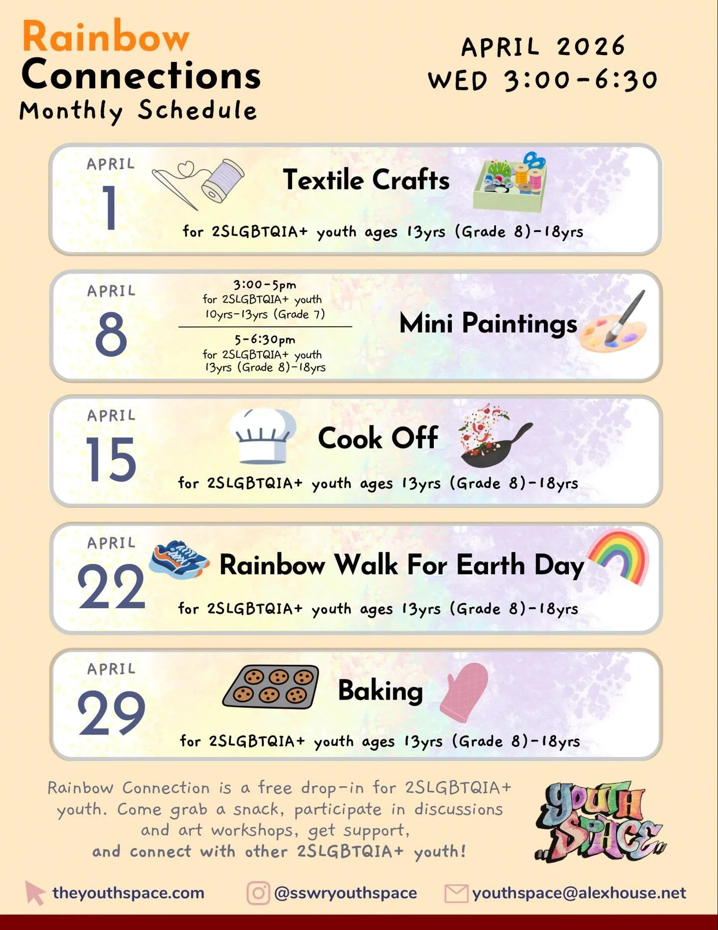 Check out our new April Rainbow Connections calendar!

Join us for fun activities, good food, and connecting with other 2SLGBTQIA+ youth.