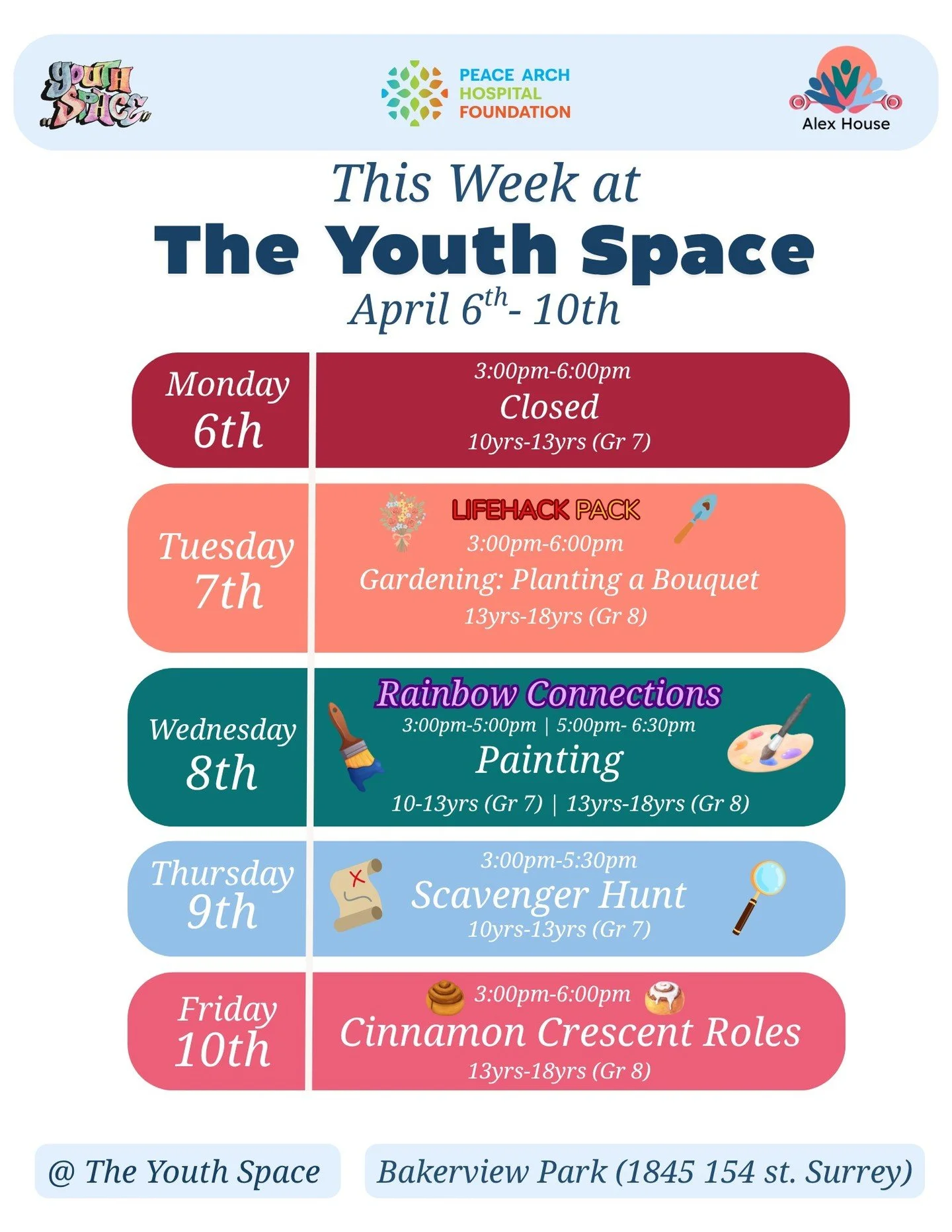 This Week @ the Youth Space:

For our 10yrs -13yrs (Grade 7)

Monday, the 6th of April we are closed for a statutory holiday.

For our 2SLGBTQIA+ youth on Wednesday we will be painting.

Then Thursday, the 9th of April, we will be doing a scavenger h