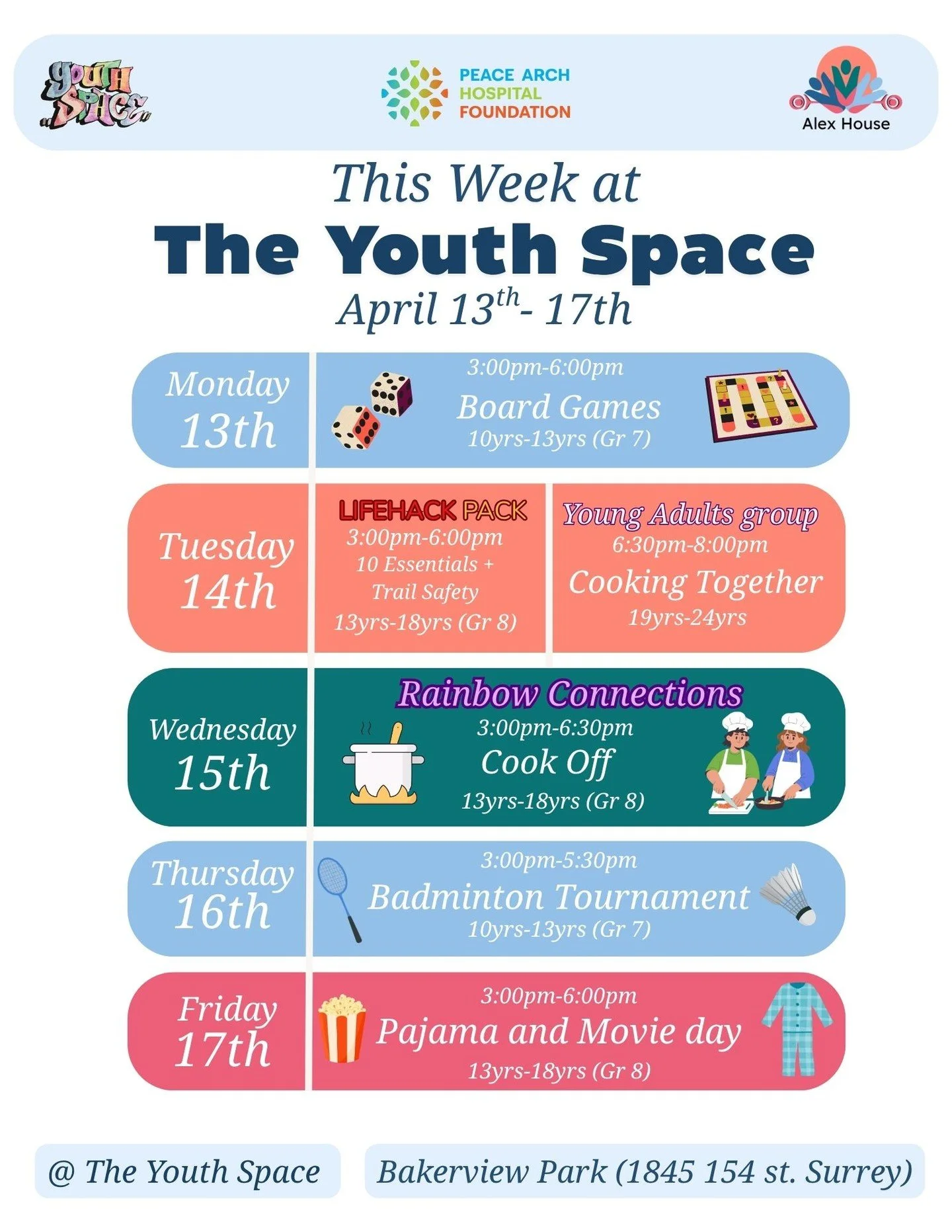 This Week @ the Youth Space:

For our 10yrs -13yrs (Grade 7)

Monday, the 13th of April we will be playing board games.

Then Thursday, the 16th of April, we will be having a badminton tournament.

For our 13yrs (Grade 8) - 18yrs

Join us Tuesday, Ap