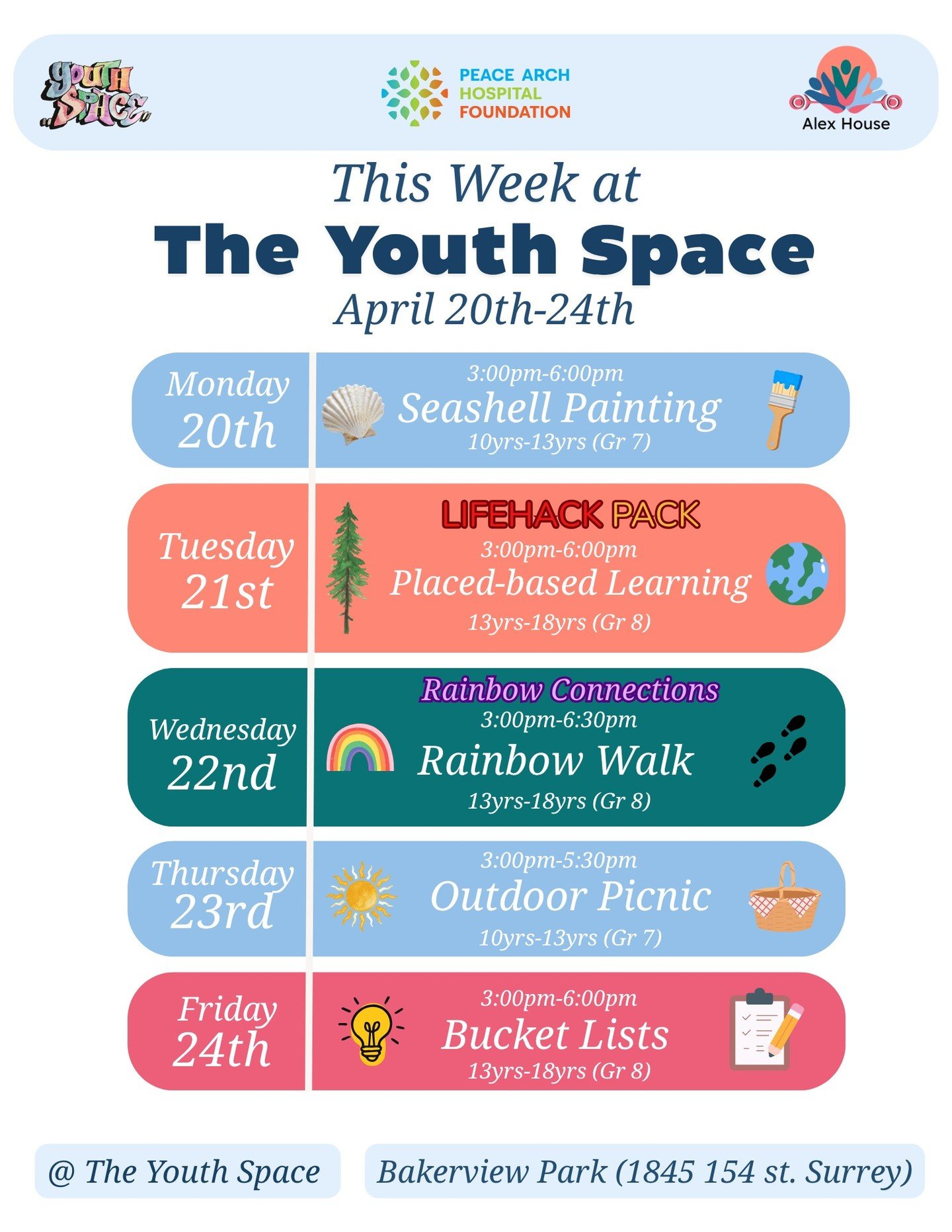 This Week @ the Youth Space:

For our 10yrs -13yrs (Grade 7)

Monday, the 20th of April we will be painting seashells.

Then Thursday, the 23rd of April, we will be having a picnic for national picnic day!

For our 13yrs (Grade 8) - 18yrs

Join us Tu