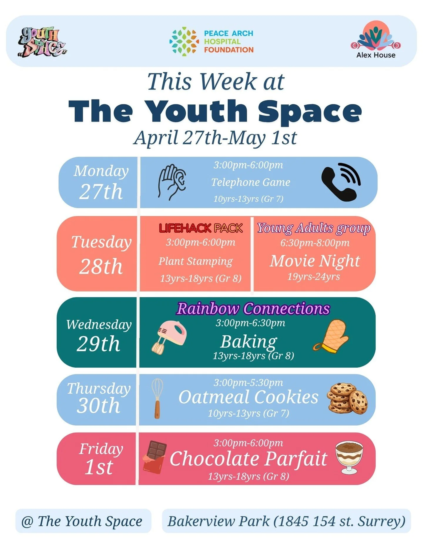 This Week @ the Youth Space:

For our 10yrs -13yrs (Grade 7)

Monday, the 27th of April we will be playing the Telephone game.

Then Thursday, the 23rd of April, we will be baking oatmeal cookies.

For our 13yrs (Grade 8) - 18yrs

Join us Tuesday, Ap