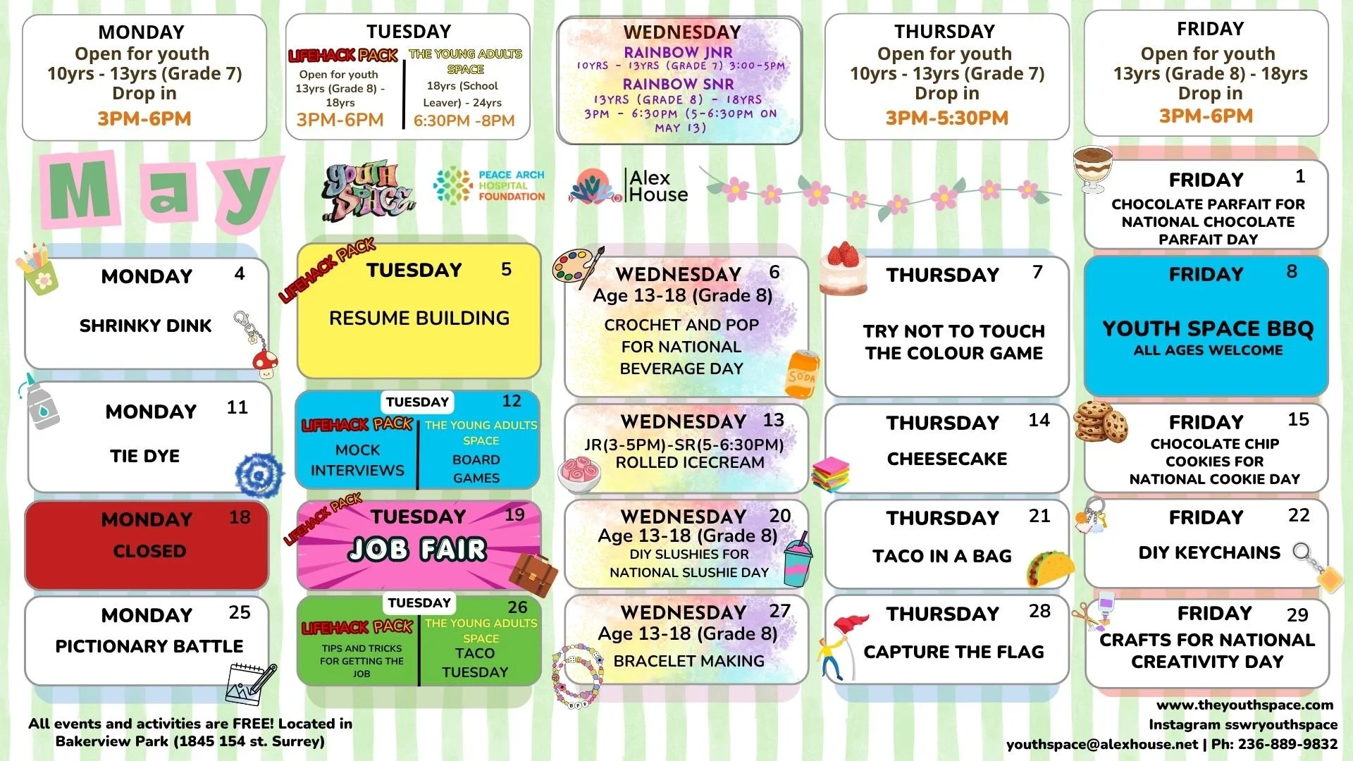 Check out our new May Youth Space calendar!

This months programming includes our Tuesday
&ldquo;Lifehack Pack&rdquo; Series, exciting activities in Rainbow Connections &amp; regular Drop-in. As well as the Young Adults Space programming for ages 18y