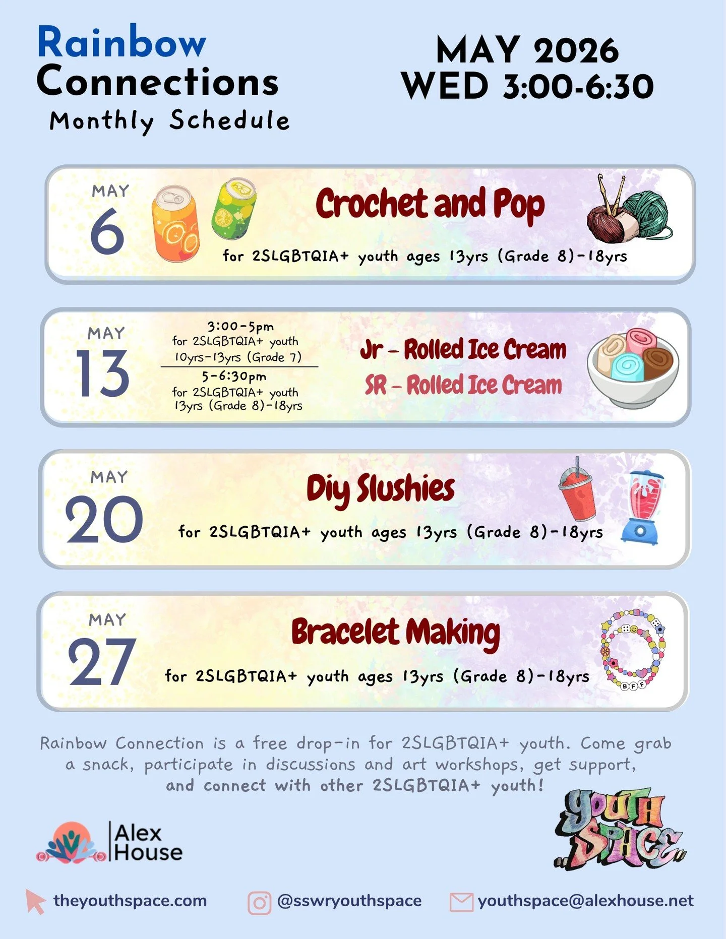 Check out our new April Rainbow Connections calendar!

Join us for fun activities, good food, and connecting with other 2SLGBTQIA+ youth.
