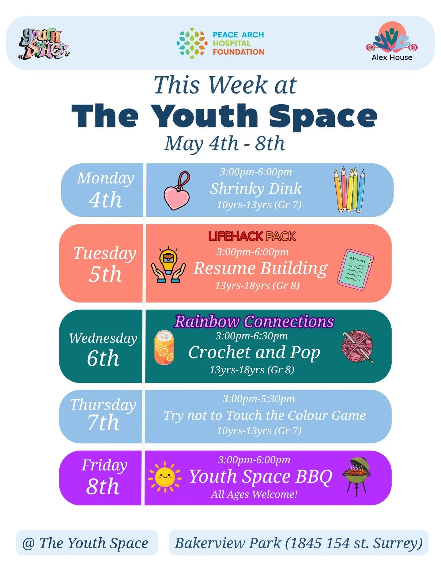 This Week @ the Youth Space:

For our 10yrs -13yrs (Grade 7)

Monday, the 4th of May we will be making shrinky dinks.

Then Thursday, the 7th of May, we will be playing the "try not to touch the colour" game

For our 13yrs (Grade 8) - 18yrs