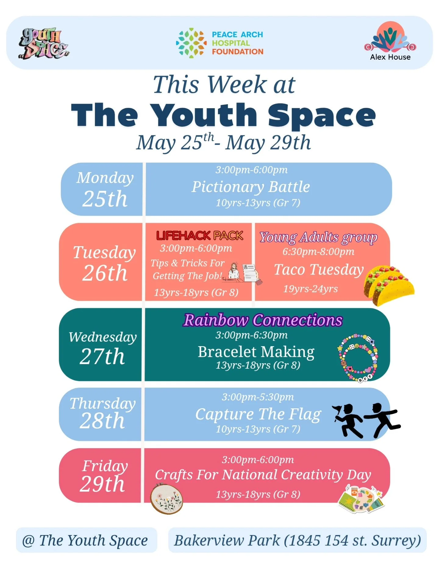 This Week @ the Youth Space:

For our 10yrs -13yrs (Grade 7)

Monday, join us as we have a pictionary battle.

Then Thursday, the 28th of May, we will be playing capture the flag in the park.

For our 13yrs (Grade 8) - 18yrs

Join us Tuesday, May 26t