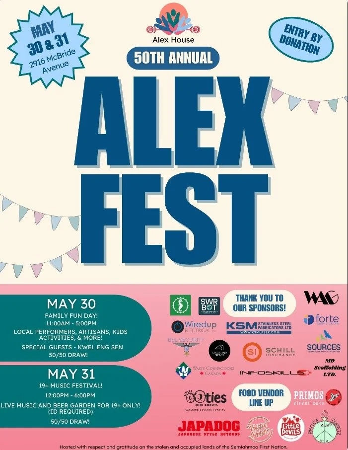 ALEX FEST STARTS TOMORROW!

The wait is over! Join us tomorrow for the 50th Annual Alex Fest and help us celebrate five decades of community, fun, and unforgettable memories at Alex House!

* Live Entertainment
* Local Vendors &amp; Artisans
* Delici