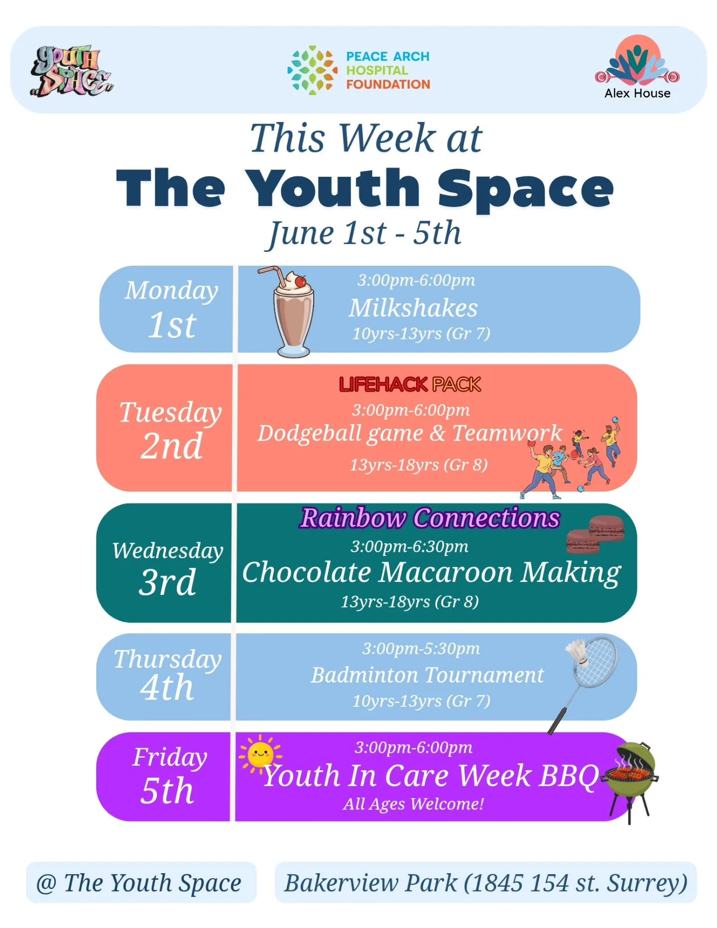 This Week @ the Youth Space:

For our 10yrs -13yrs (Grade 7)

Monday, join us as we make Milkshake for World Milkshake Day.

Then Thursday, the 4th of June, we will be holding a friendly badminton tournament.

For our 13yrs (Grade 8) - 18yrs

Join us