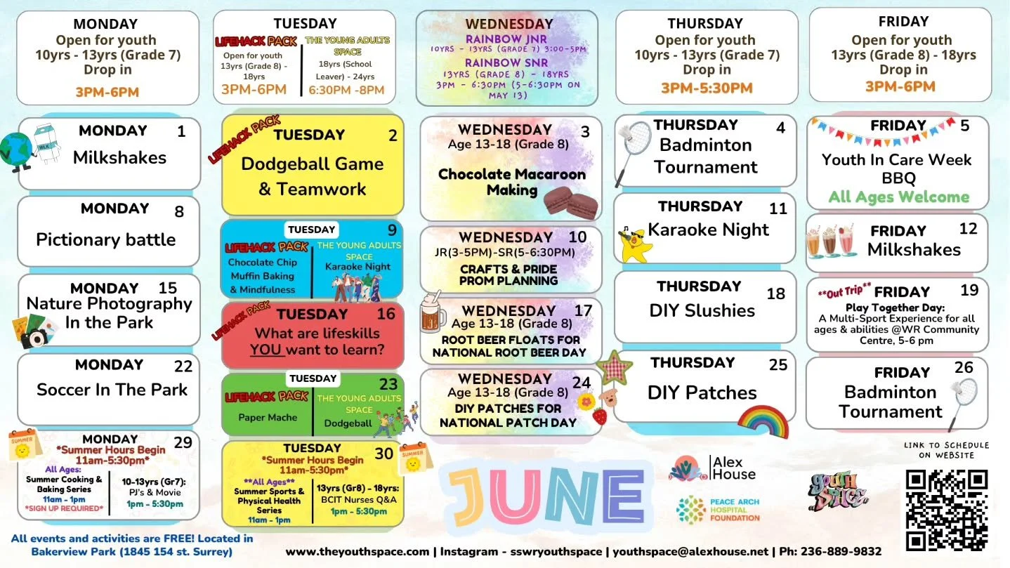 Check out our new June Youth Space calendar!

This months programming includes our Tuesday
&ldquo;Lifehack Pack&rdquo; Series, exciting activities in Rainbow Connections &amp; regular Drop-in. As well as the Young Adults Space programming for ages 18