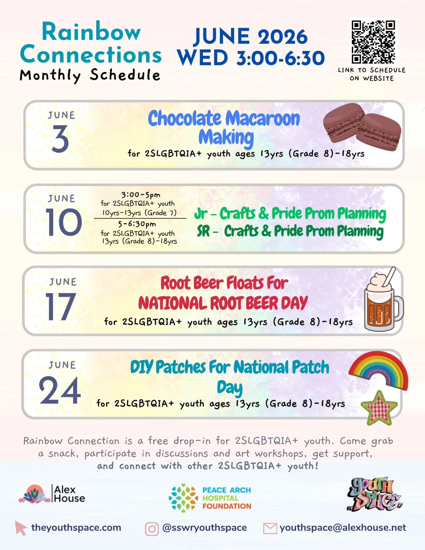 Check out our new June Rainbow Connections calendar!

Join us for fun activities, good food, and connecting with other 2SLGBTQIA+ youth.