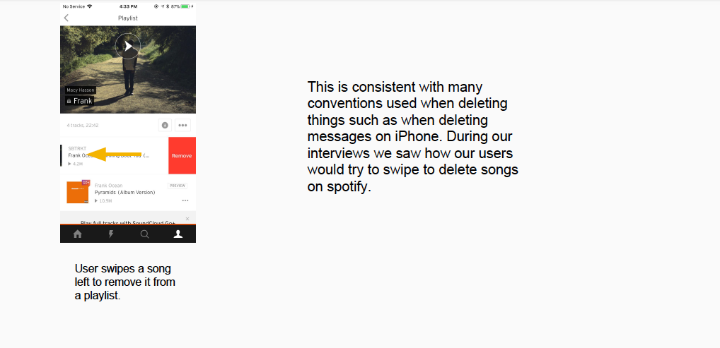 Good example of a flow for deleting a song from a playlist (Soundcloud).