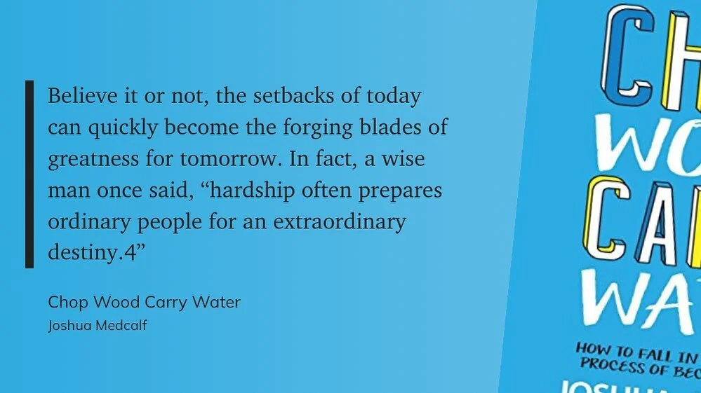 “Chop Wood, Carry Water,” one of my favorite books. 
“Believe it or not, the setbacks of today can quickly become the forging of blades of greatness tomorrow. In fact, a wise person once said, “hardship often prepared ordinar