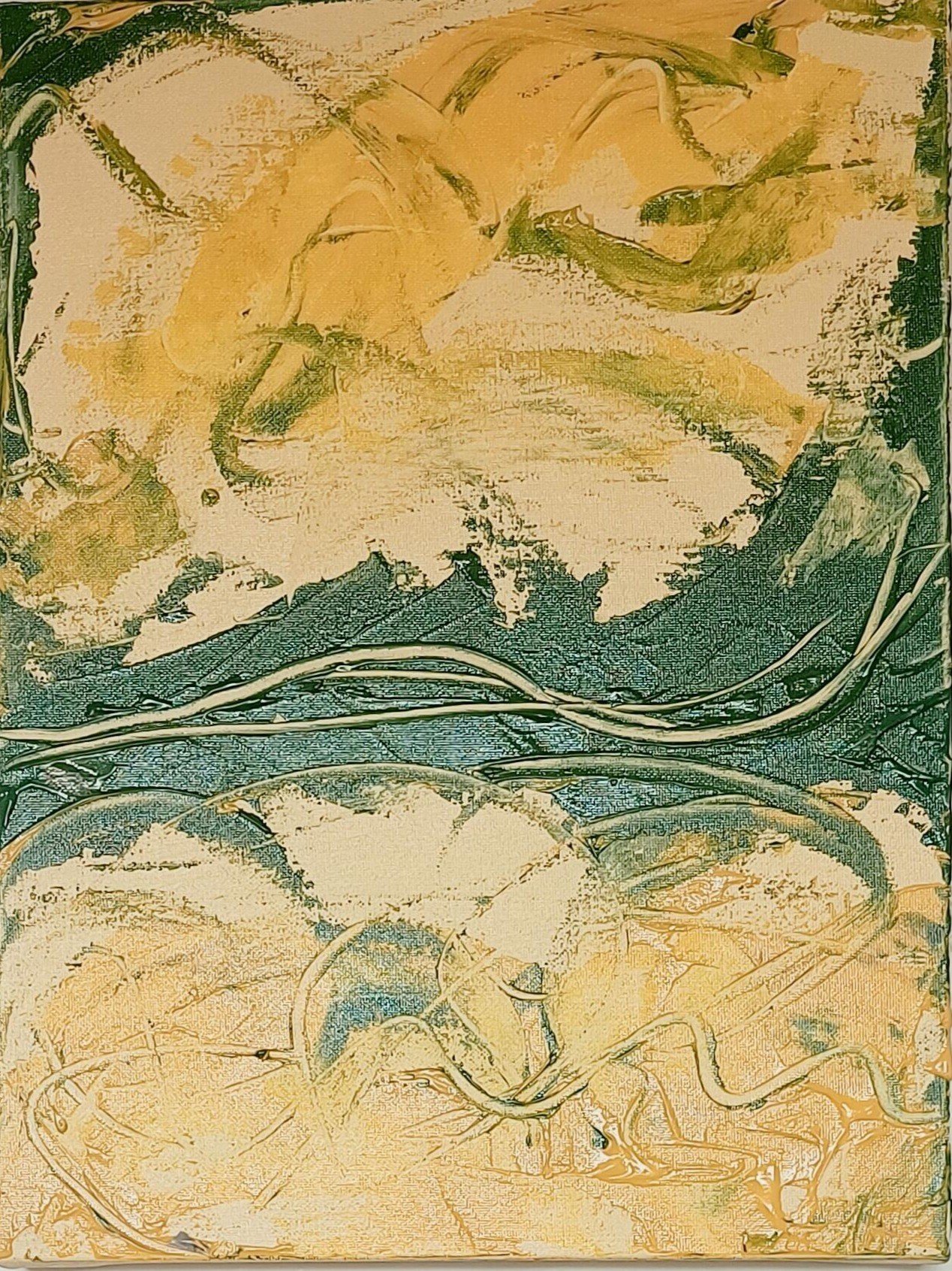 Canopy — $310. Acrylic on canvas, 41 × 31cm. Bold fields of yellow and deep green in sweeping strokes. Warm, vibrant, full of natural life.