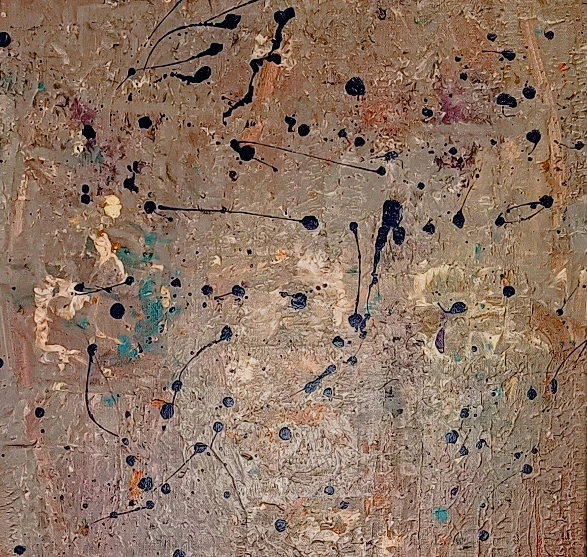 Petrichor — $310. Acrylic on canvas, 45 × 45cm. The smell of rain on dry earth - dry copper soil, ink-dark drops landing and scattering. Companion piece to First Drop.