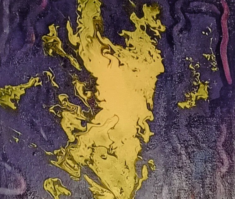 Lightning — $250. Acrylic on canvas, 30.5 × 30.5cm. A charge of gold splitting a deep violet ground - energy caught mid-strike.