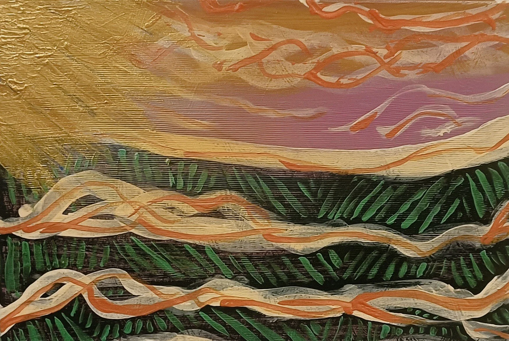 Barossa Gold — $290. Acrylic &amp; spray paint on canvas, 46 × 31cm. The Barossa Valley at its most elemental - a blazing gold sun over a purple-mauve sky, deep green vines in raised texture.