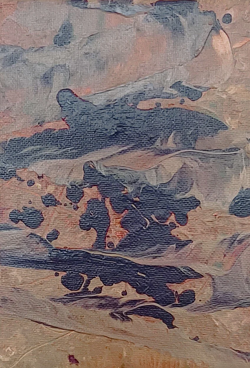 First Drop — $130. Acrylic on canvas, 13 × 18cm. The very first drop of rain on parched earth, at true scale. Companion piece to Petrichor.