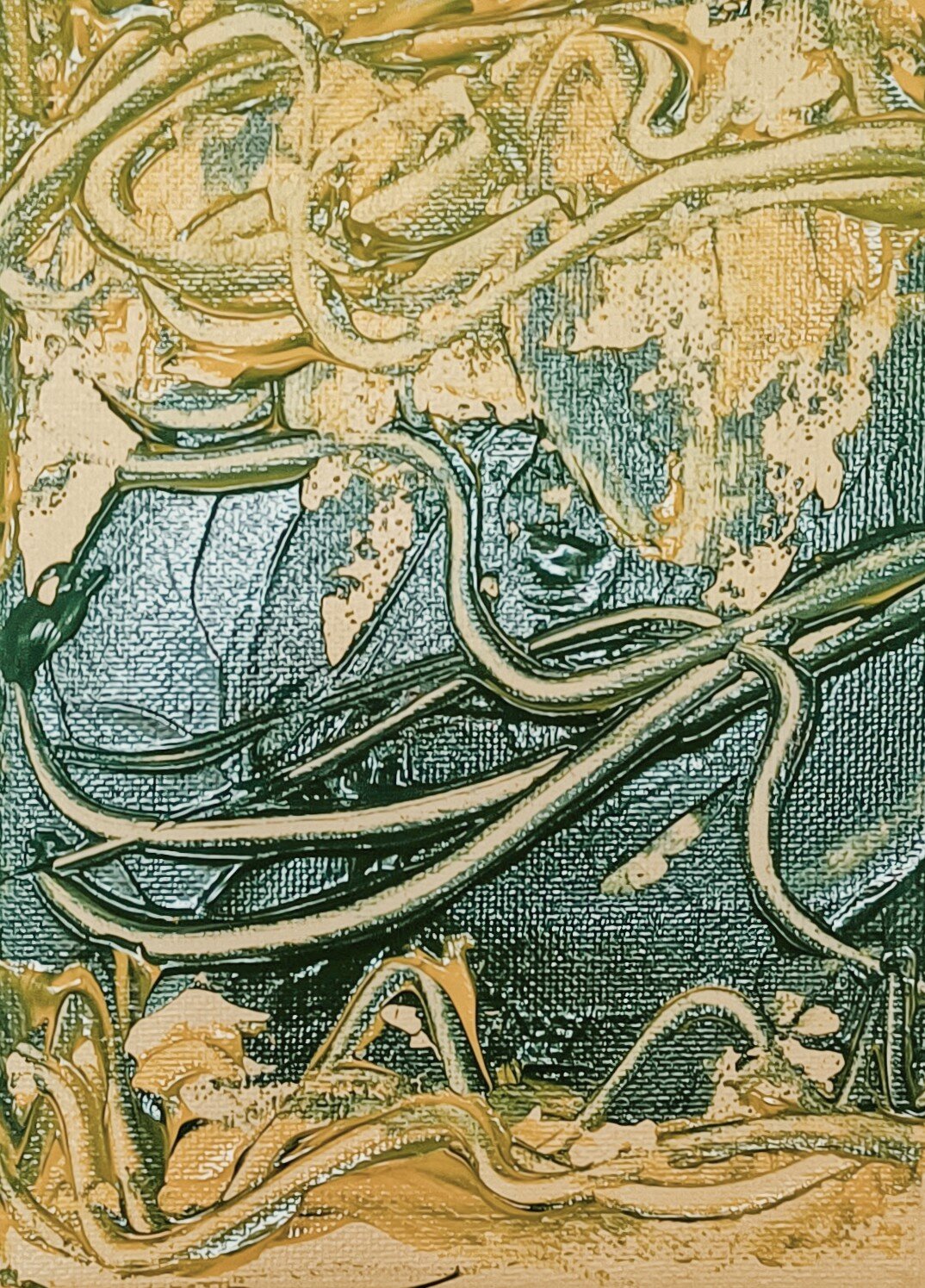 Shoot — $130. Acrylic on canvas, 13 × 18cm. A small, vivid study in organic colour - deep green and gold in fluid strokes. Raw and alive.
