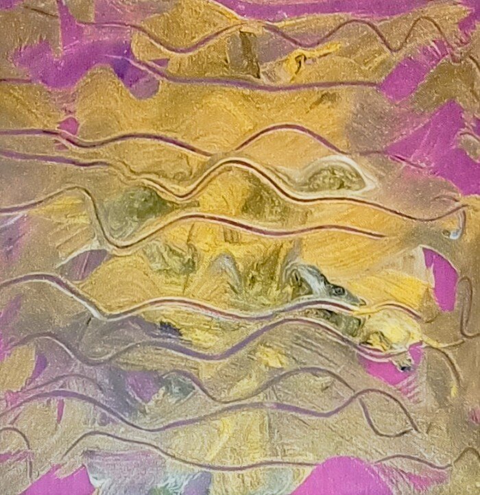 Frequency — $180. Acrylic on reclaimed canvas, 20 × 20cm. Waves of gold and magenta rippling across the canvas - rhythm made visible.