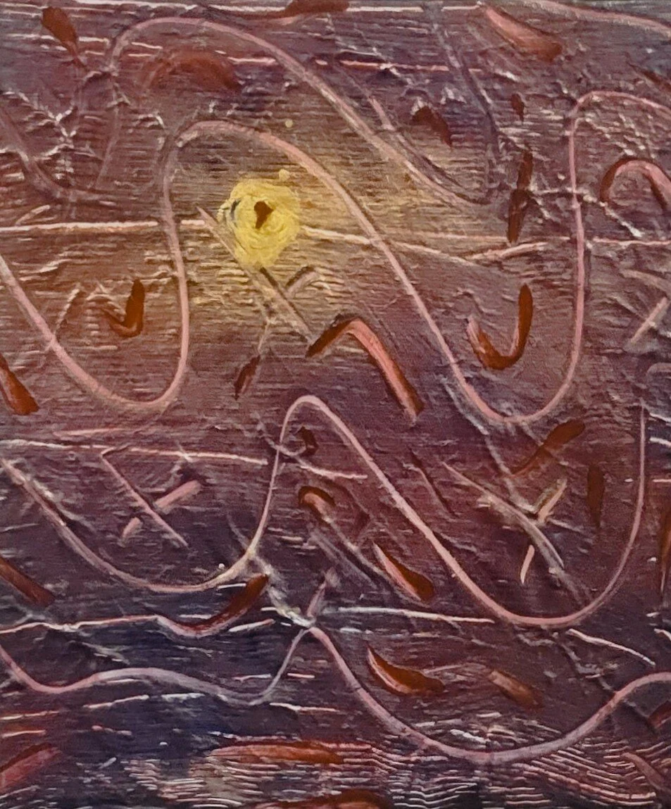 Aureole — $180. Acrylic on recovered canvas, 20 × 20cm. A far-off sun glows gold at the heart of a churning violet field, ringed by a halo of light. Companion piece to Solar.