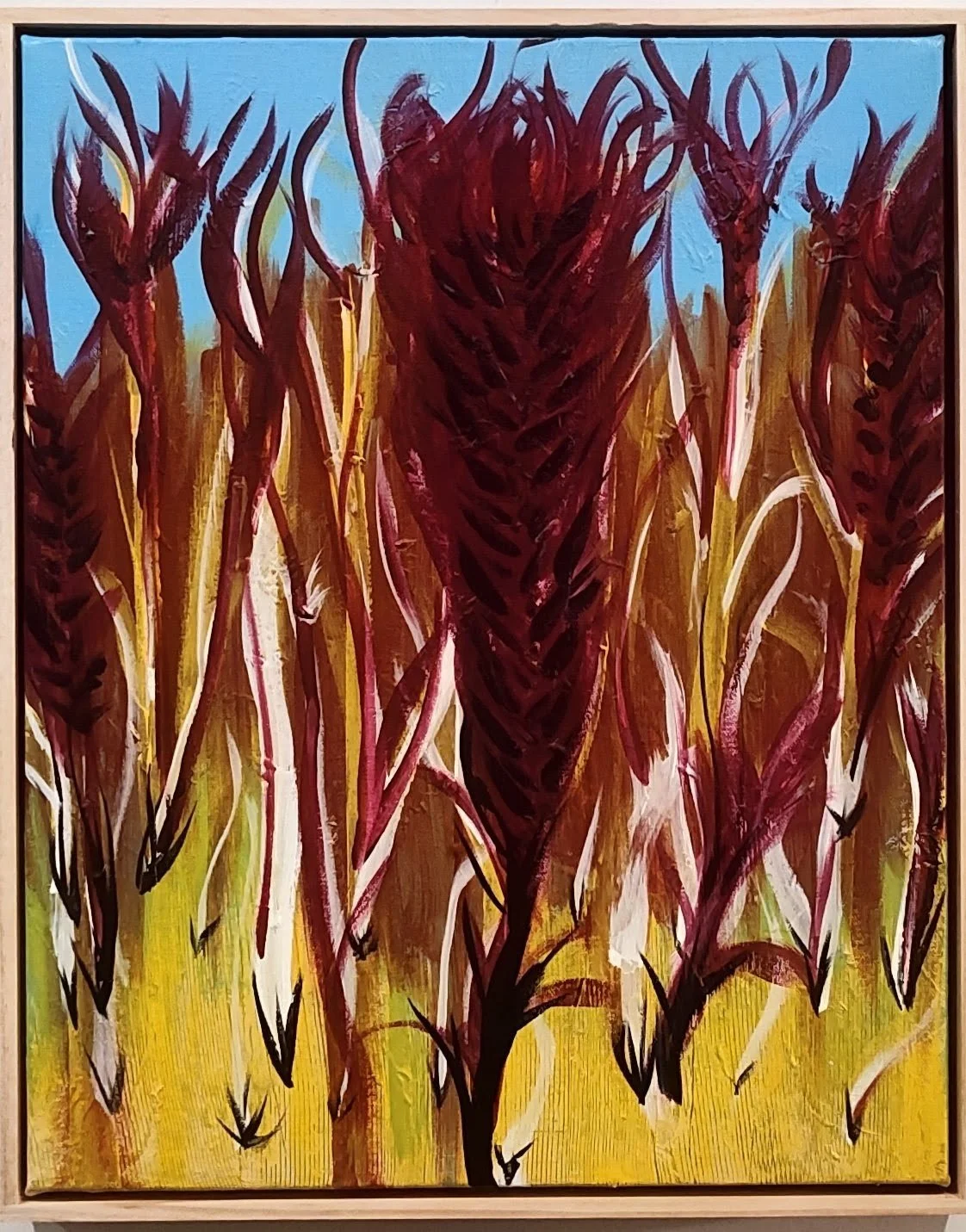 Held Aloft — $350. Acrylic on canvas, framed 43 × 53cm. Burgundy plumes rise on tall stems above gold grass - mulla mulla of inland Australia, flame-like spikes after rain. Colour from dry ground.