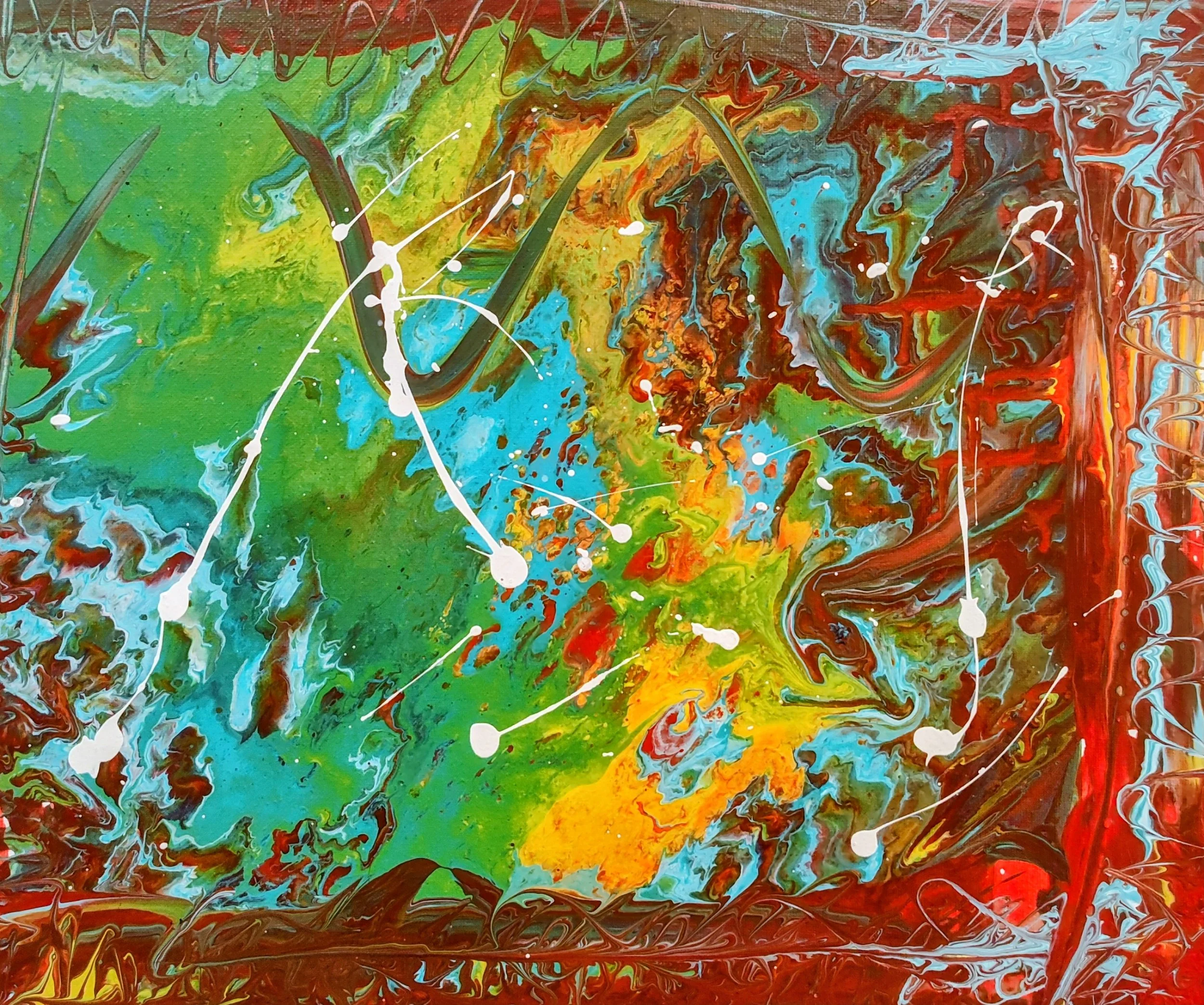 Orbital Drift — $290. Acrylic on canvas, 46 × 31cm. Earth from space, teal continents threaded with white particle trails like tracked satellites, framed in rust-red atmosphere. Companion to Solar.