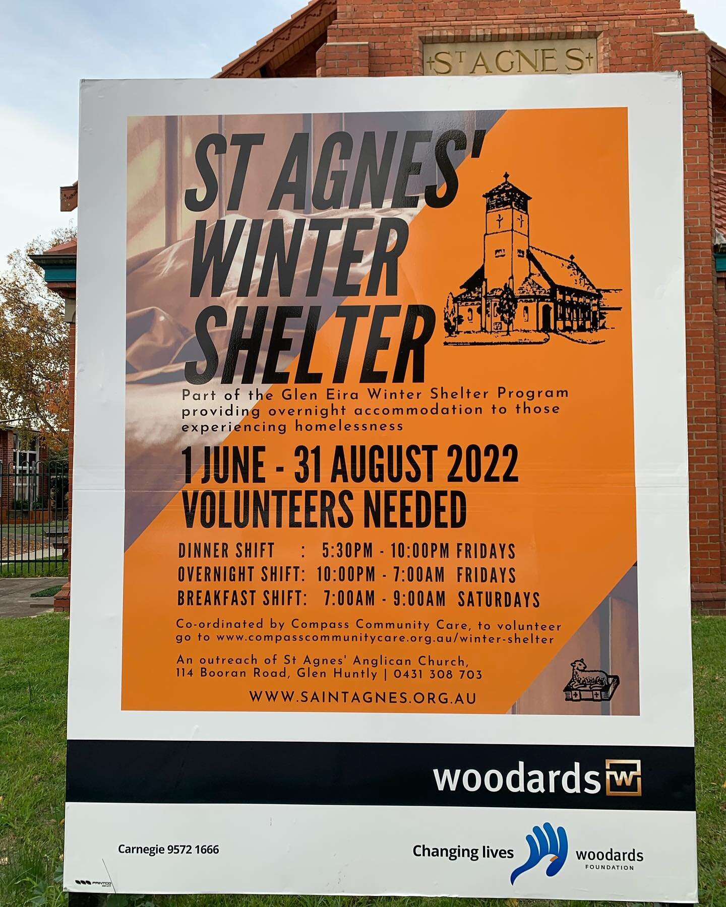 Glen Eira Winter Shelter is sheltering the homeless tonight in the beautiful St Agnes Anglican Church In Glen Huntly thanks to our amazing volunteers who stay overnight with them. We still need more volunteers for every night throughout winter. No qu