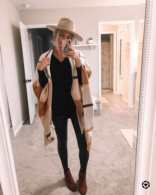 $18 poncho, $30 leather legging dupes, $30 tunic sweater (that I have in multiple colors) and $29 shoes 👏🏼🙌🏼. I&rsquo;d say that&rsquo;s a win. Forever wearing hats so I don&rsquo;t have to do my hair. 😁 Shop your screenshot of this pic with the