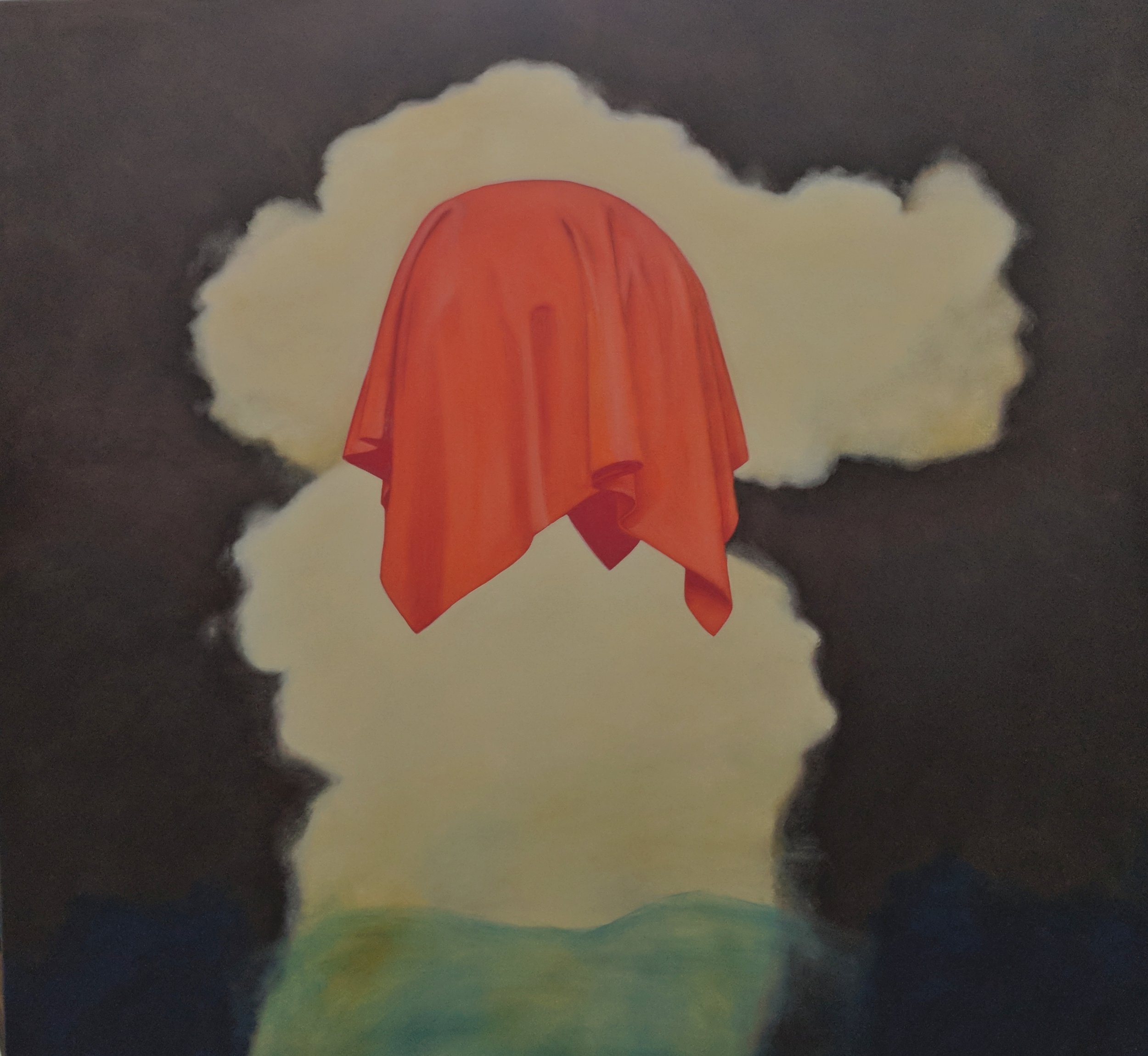 A painting of a red cloth hanging in front of a yellowish cloud, with a dark background and a greenish reflection at the bottom.
