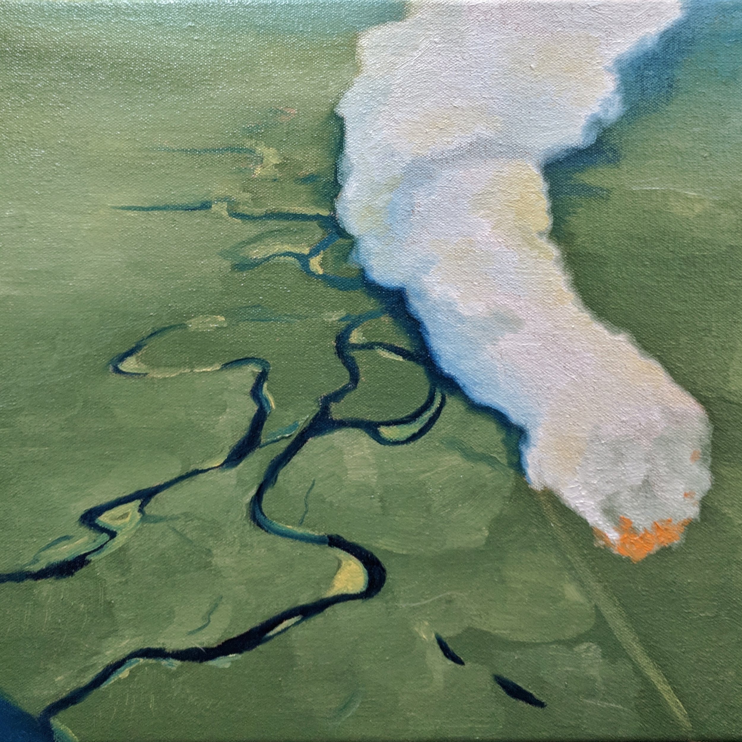 An aerial painting of a marsh with a plume of smoke rising from one area, surrounded by a green landscape.