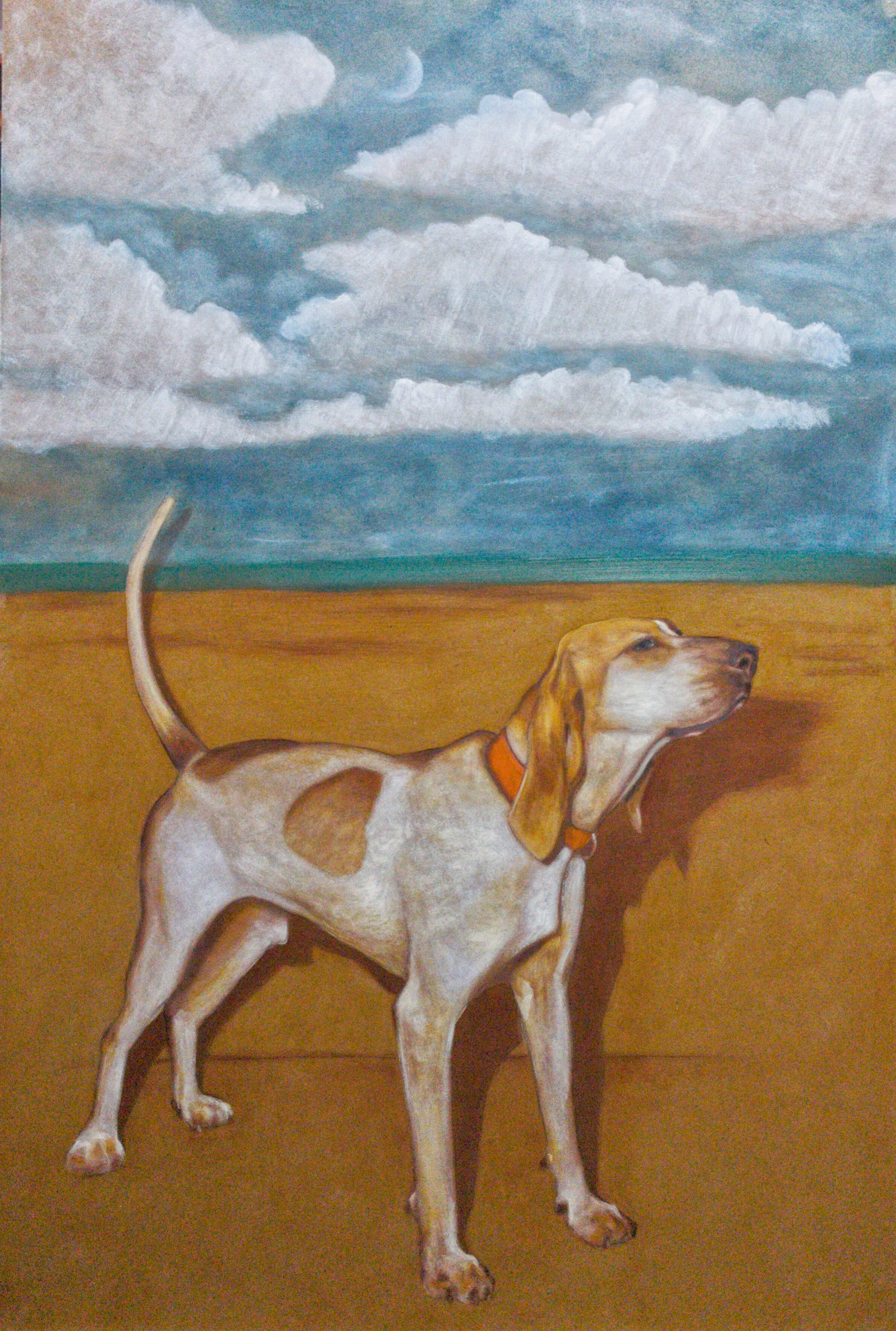 A painting of a coon hound standing on a sandy landscape under a cloudy sky, with a crescent moon visible in the sky.