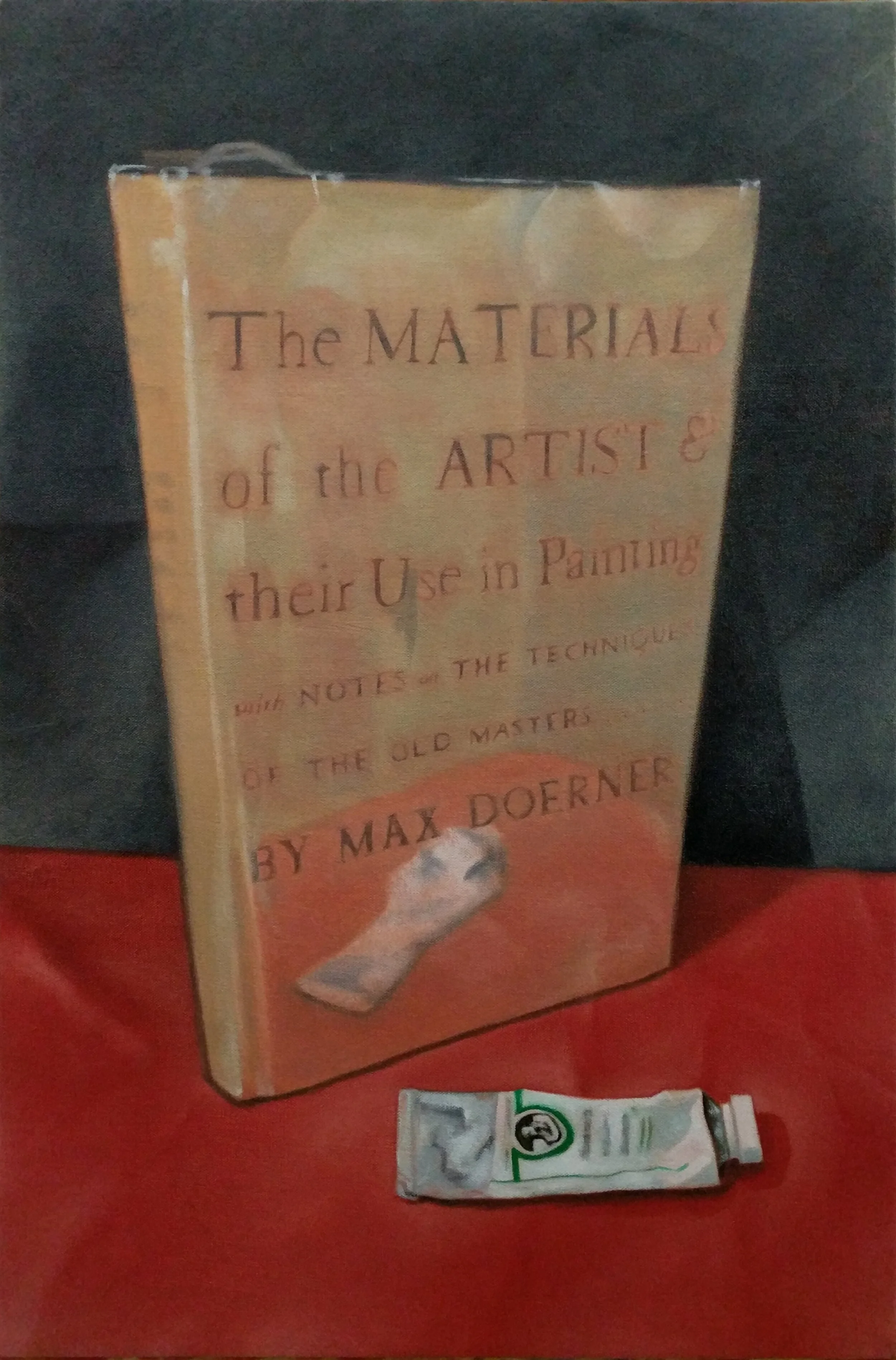A painting of a book titled 'The Materials of the Artist & their Use in Painting' by Max Doerner next to a tube of paint on a red surface.