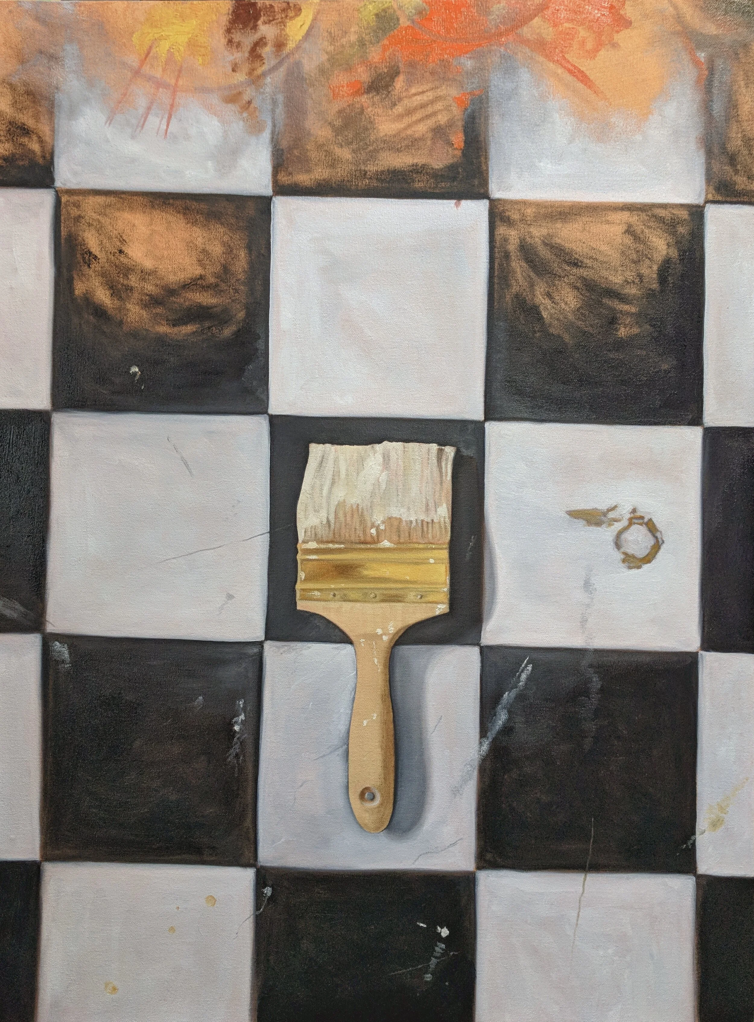 A painting of a checker patterned floor and a paintbrush placed across the middle