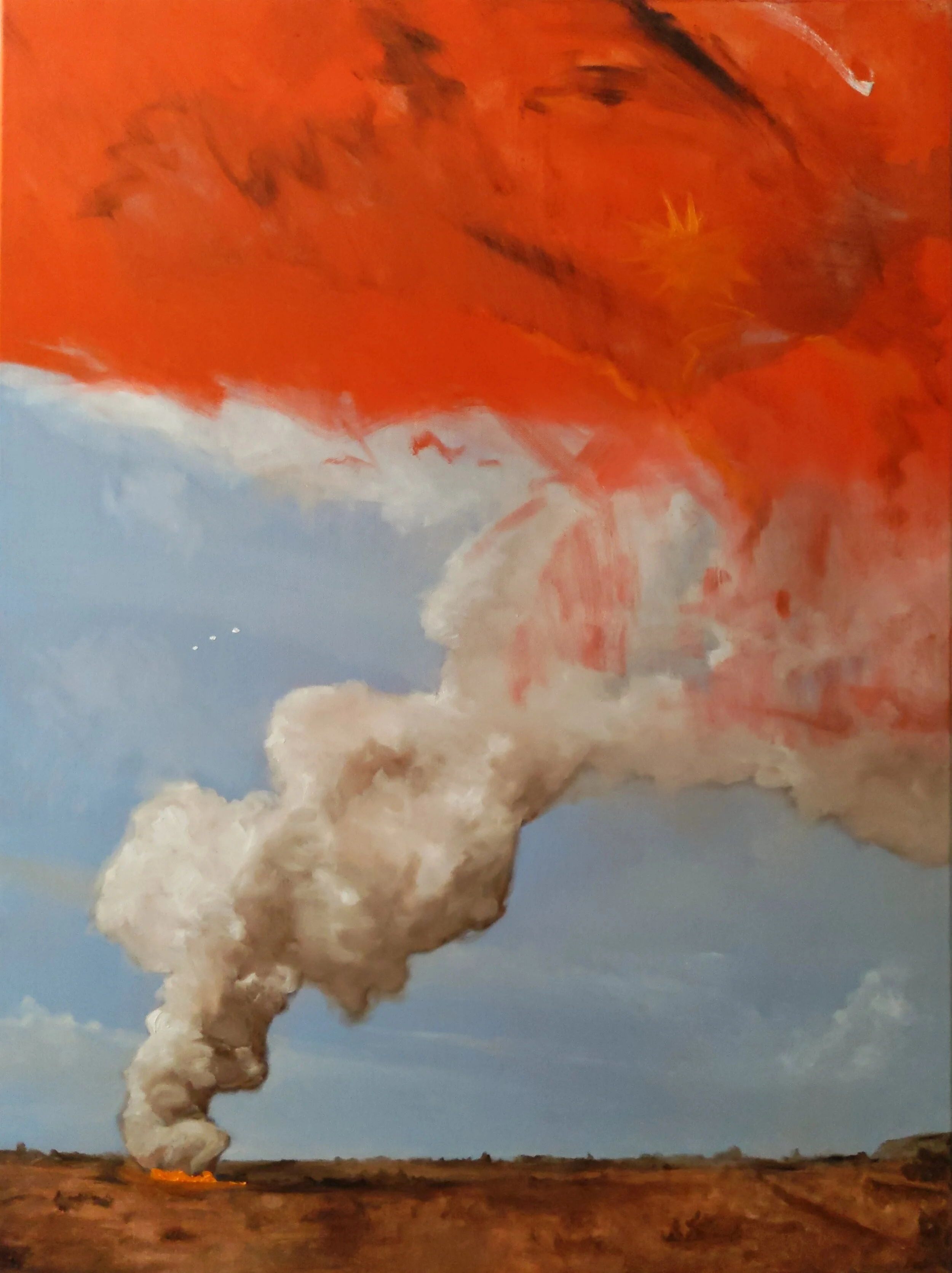 A painting of a landscape with orange and gray smoke rising into the sky in a barren landscape.