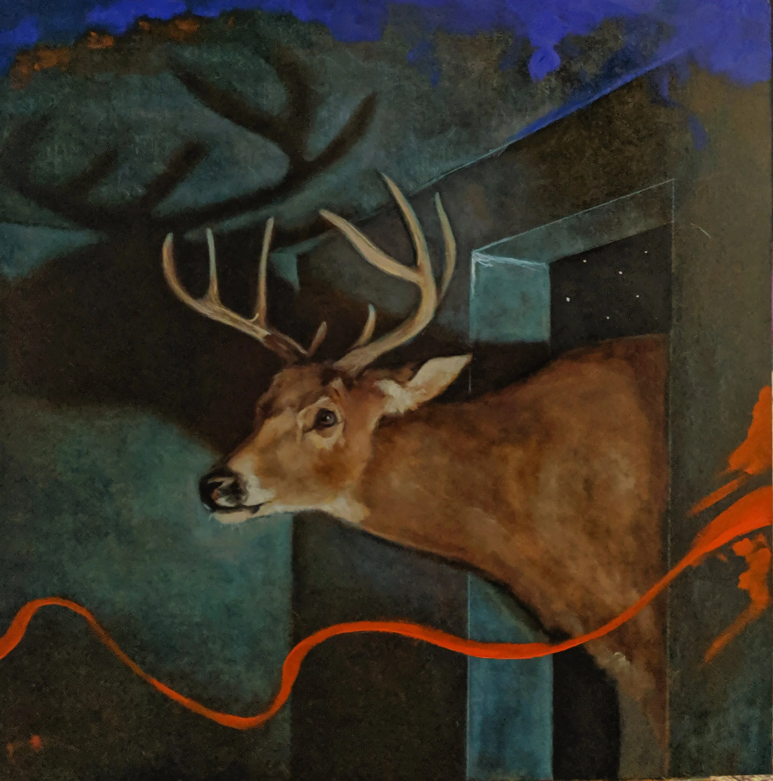 Painting of a deer with prominent antlers, peeking into a room.
