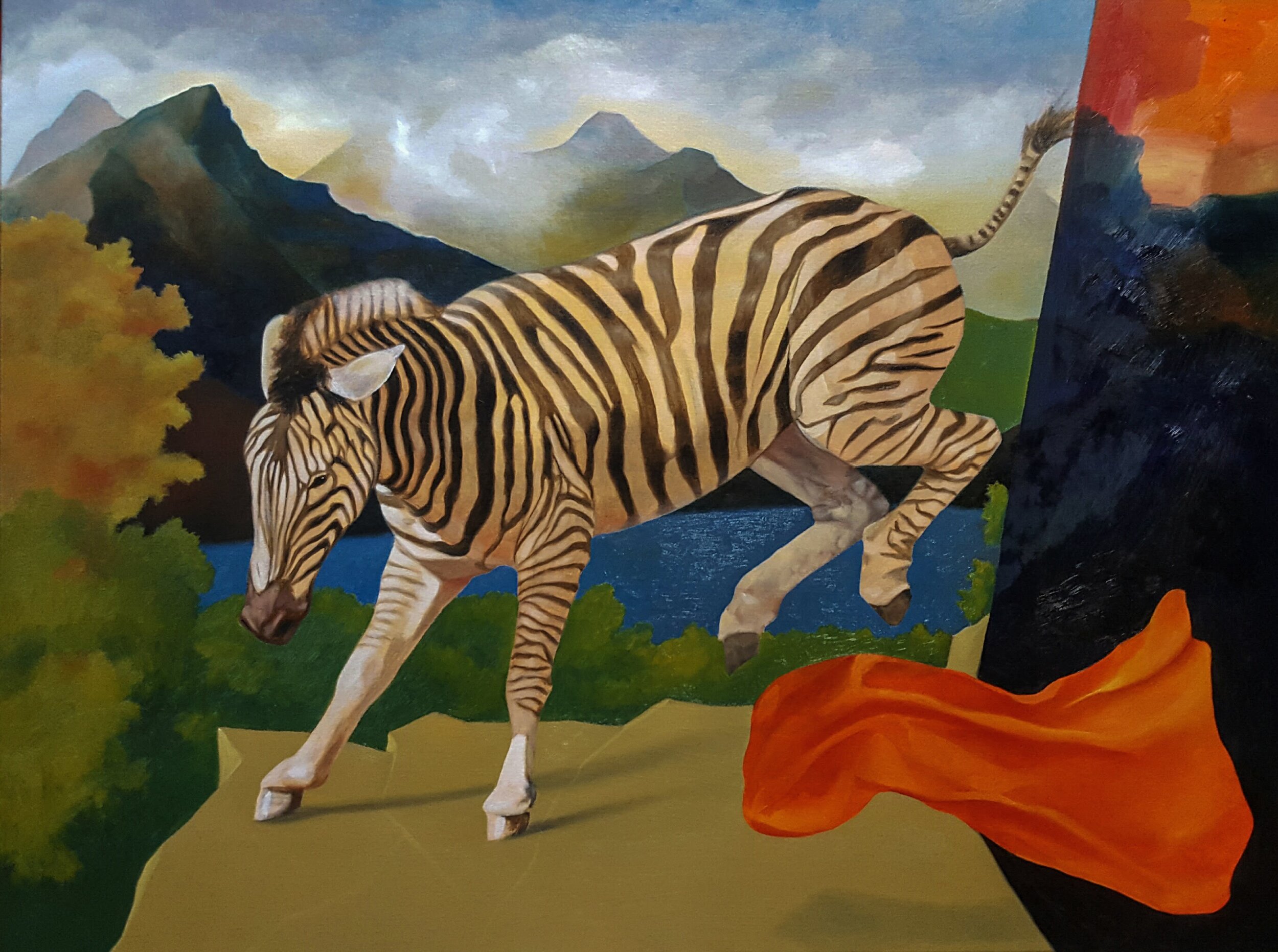 A painting of a zebra standing on a greenish-yellow ground near a body of water, with mountains and a cloudy sky in the background, and an orange cloth or object in the foreground.
