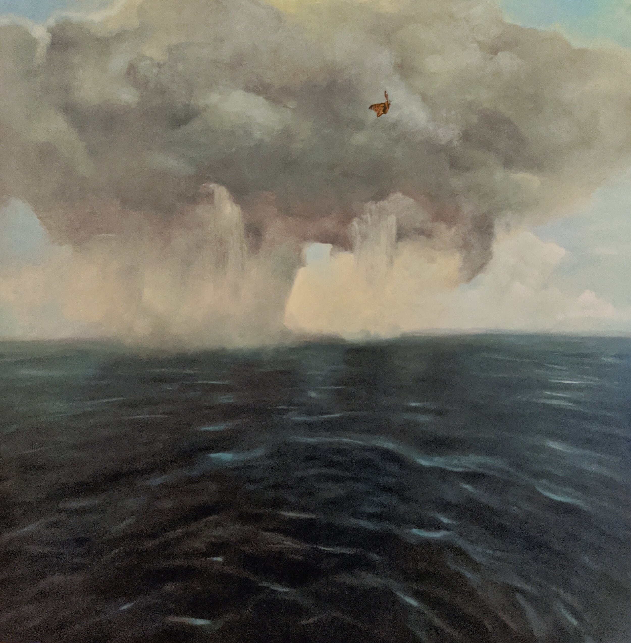 A painting depicting a stormy sea with dark clouds and rain in the distance, a butterfly flying above the water.