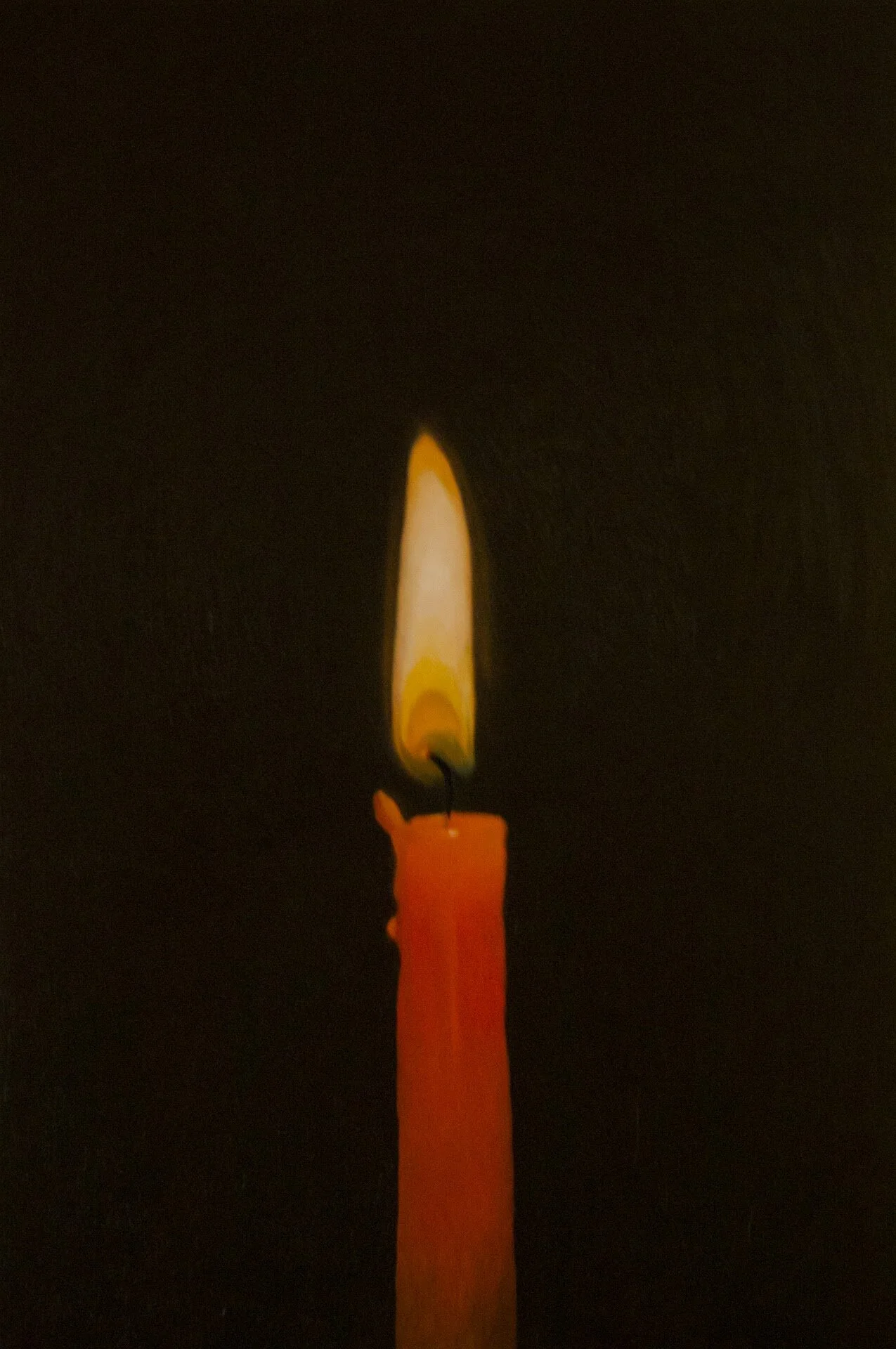 A painting of a single orange candle with a flame against a dark background.