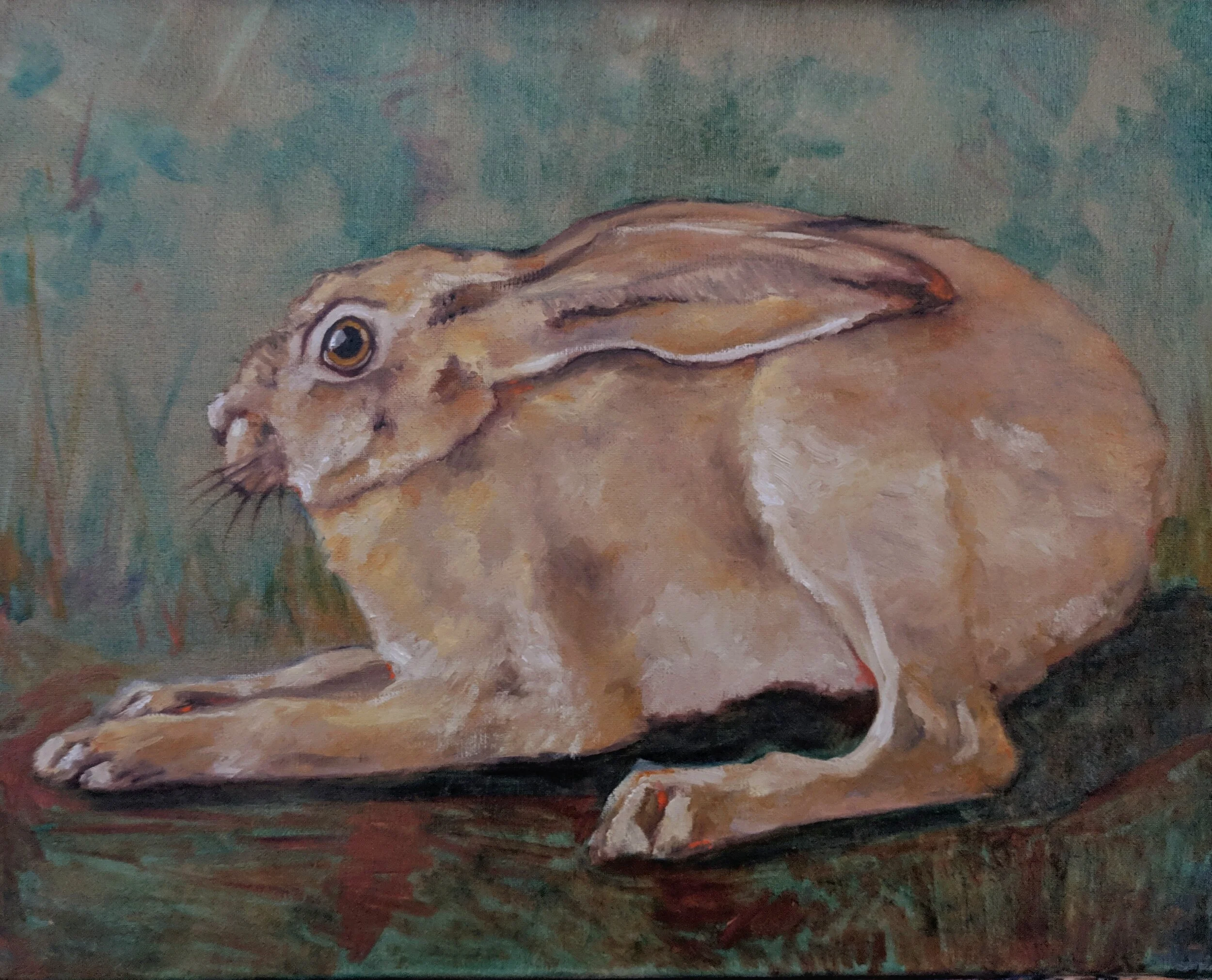 A painting of a rabbit lying on a surface, with a background of green and blue shades.