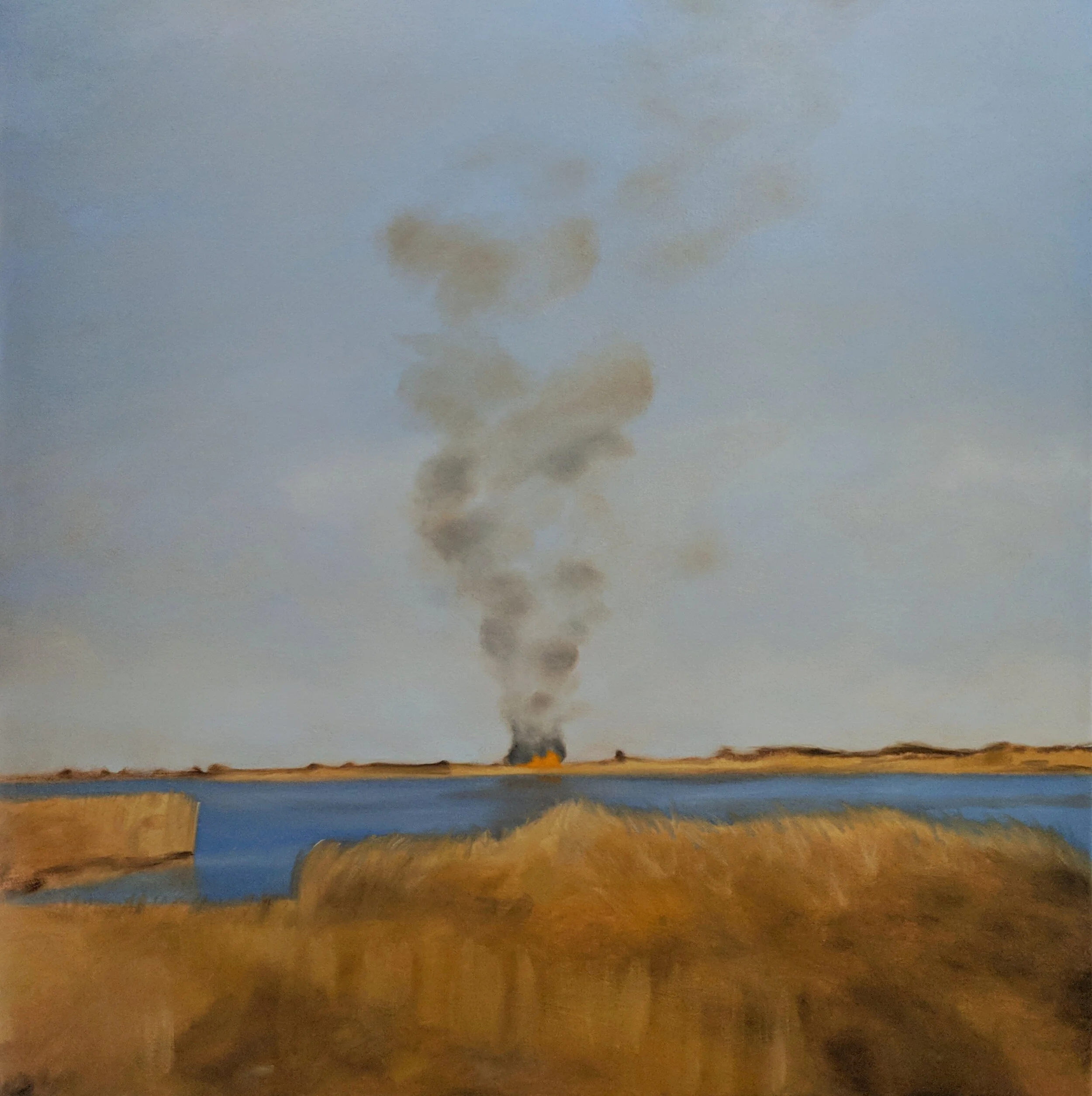 A landscape painting depicting a body of water with a grassy shoreline in the foreground, a distant shoreline on the horizon, and smoke rising from a fire in the distance.