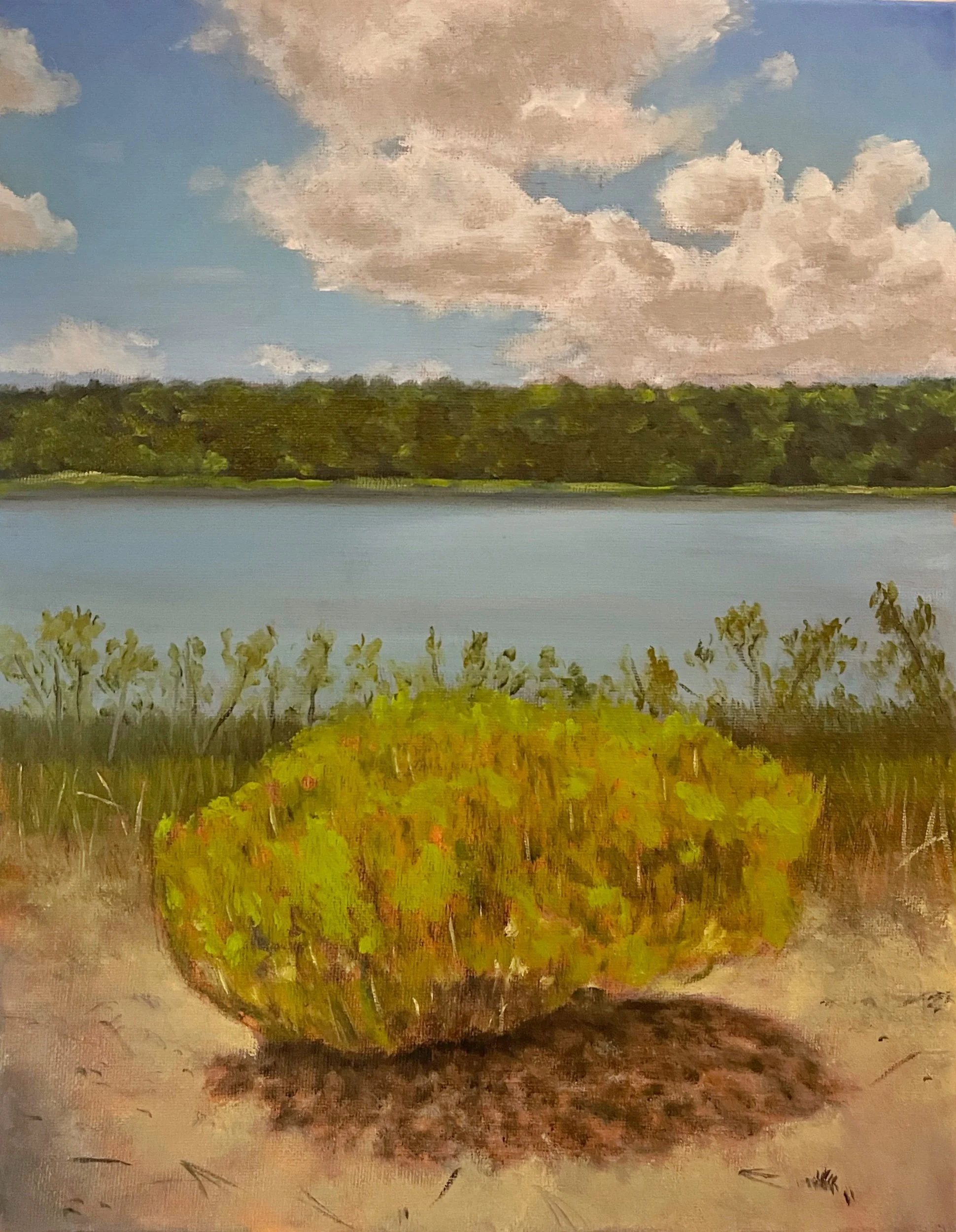 A landscape painting of a sinkhole lake with a false rosemary bush in the foreground, trees along the shoreline, and a sky with clouds above.