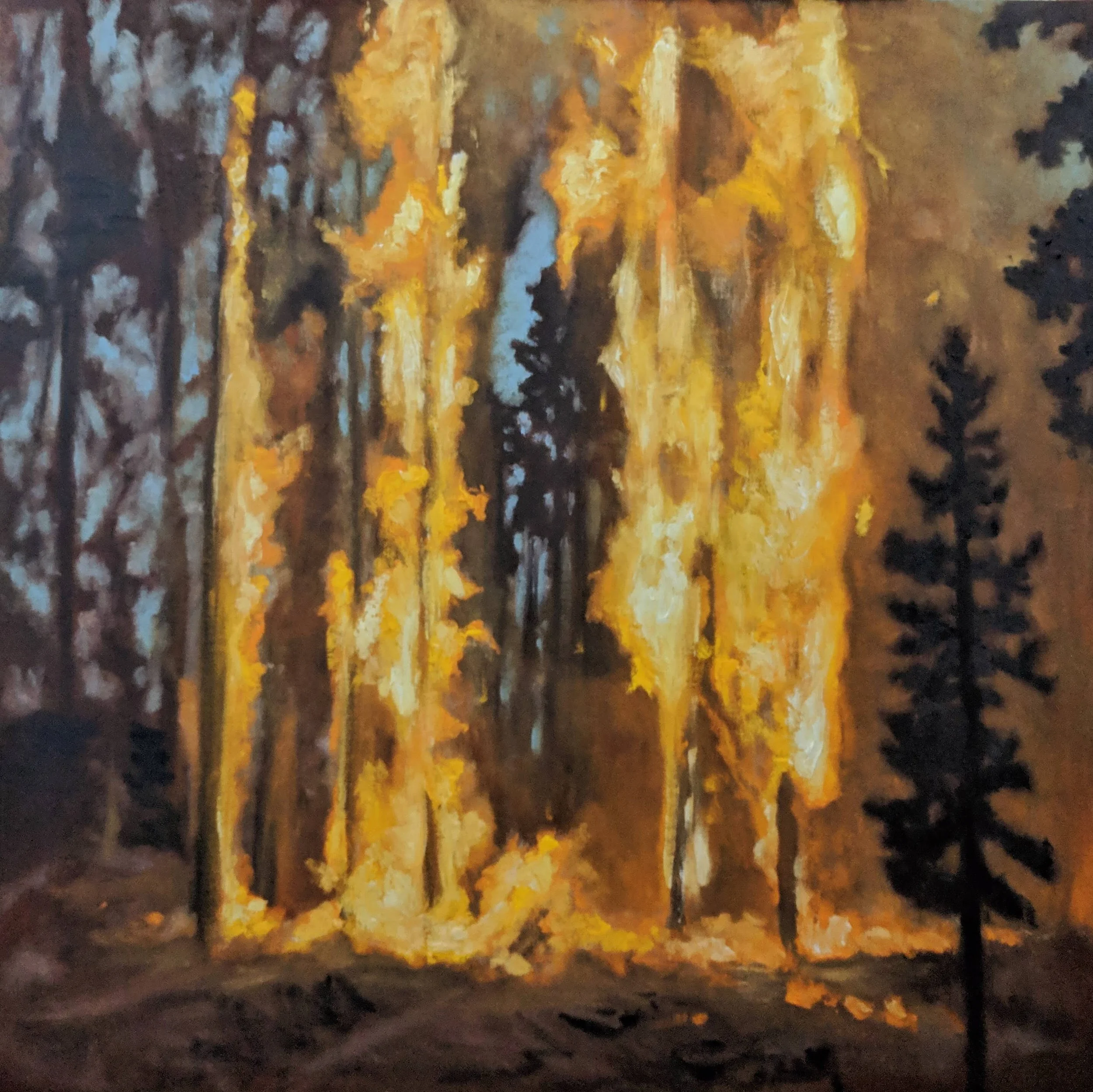 A painting of a forest with tall trees, some on fire, against a dark background.