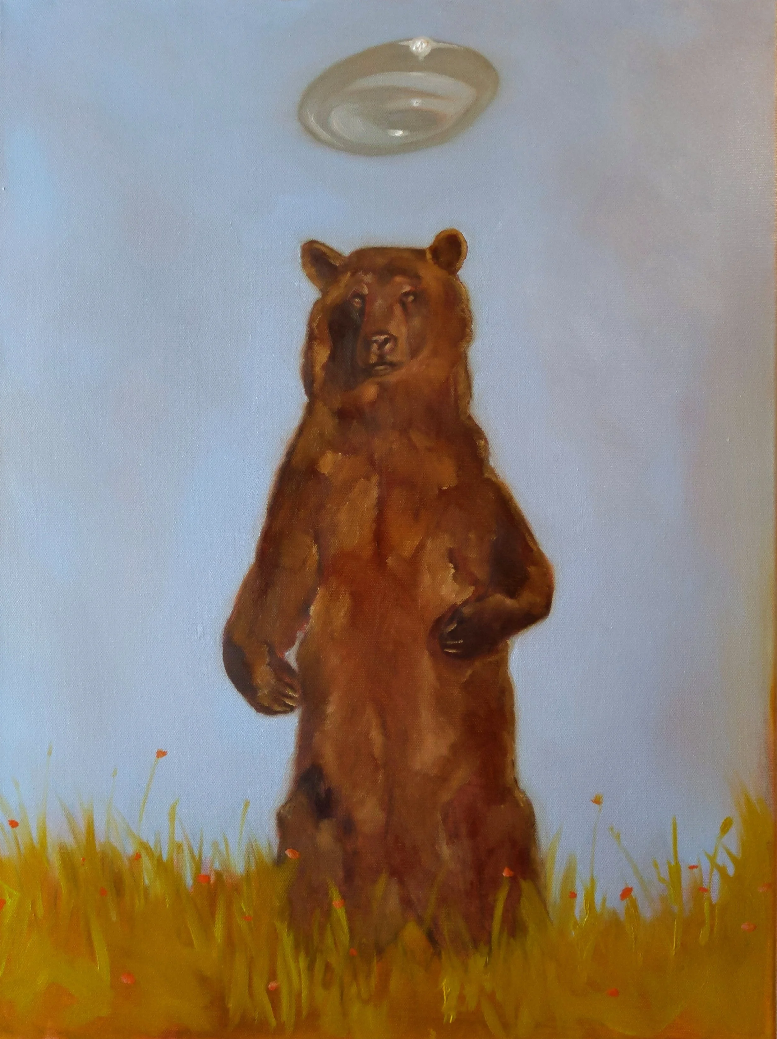 Painting of a standing brown bear with a background of blue sky and yellow grass, a UFO above