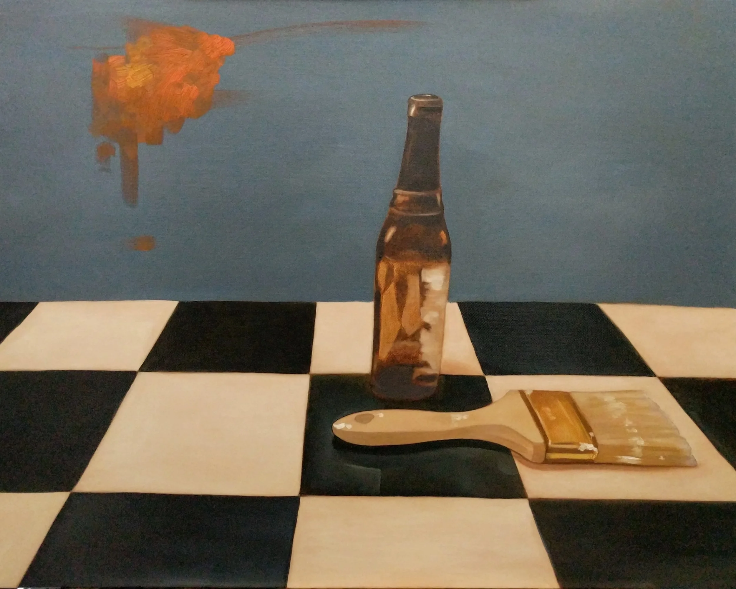 A painting depicting a scene with a bottle and a paintbrush on a checkered black and white surface, with a blue background and some abstract orange shapes in the upper left corner.