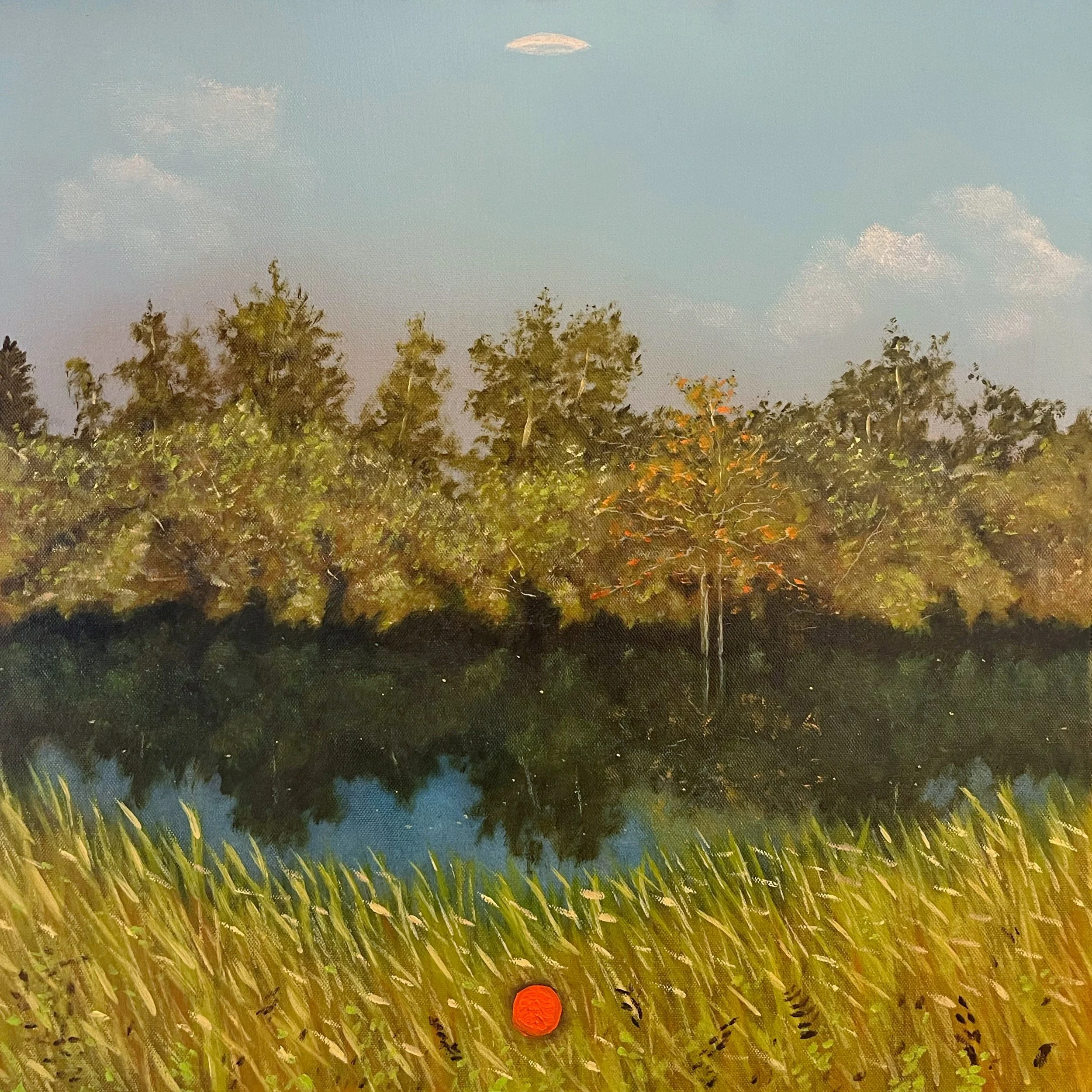 A landscape painting of a calm river with trees in the background, a grassy foreground, a blue sky with a few clouds, and a small orange ball on the grass and a UFO directly overhead.