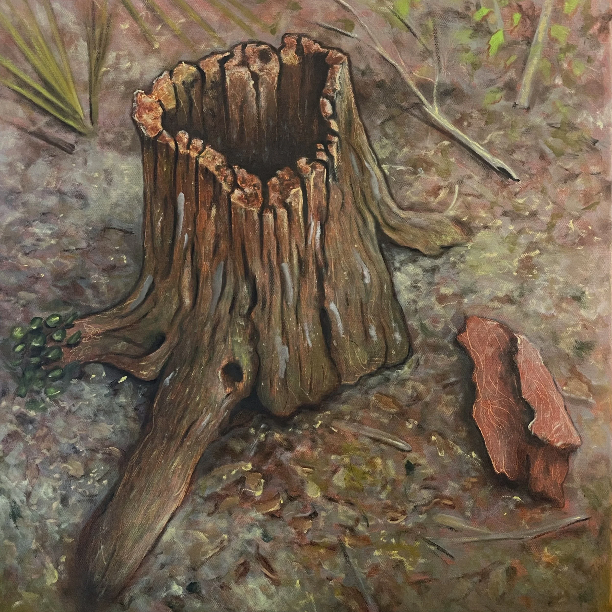 A painting of a tree stump with a large branch attached, surrounded by fallen leaves, small green plants, and twigs on the forest floor.