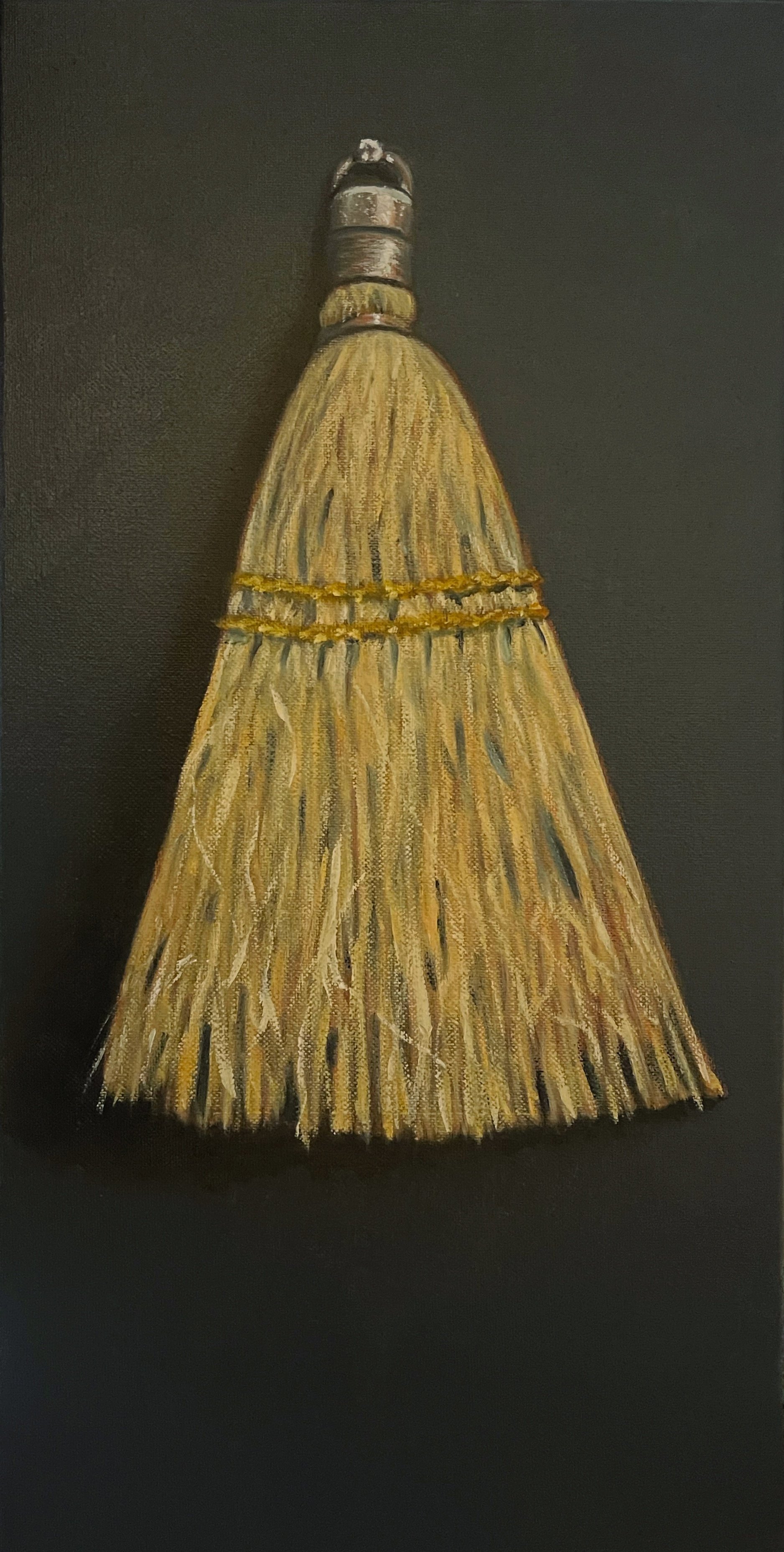 Painting of a broom with a wooden handle and straw bristles on a black background.