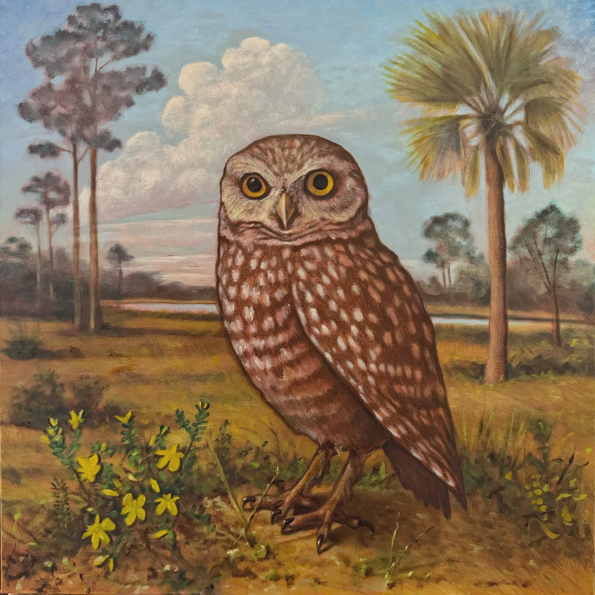 A painting of a Burrowing Owl standing on the ground in a landscape with trees, bushes, and a cloudy sky.