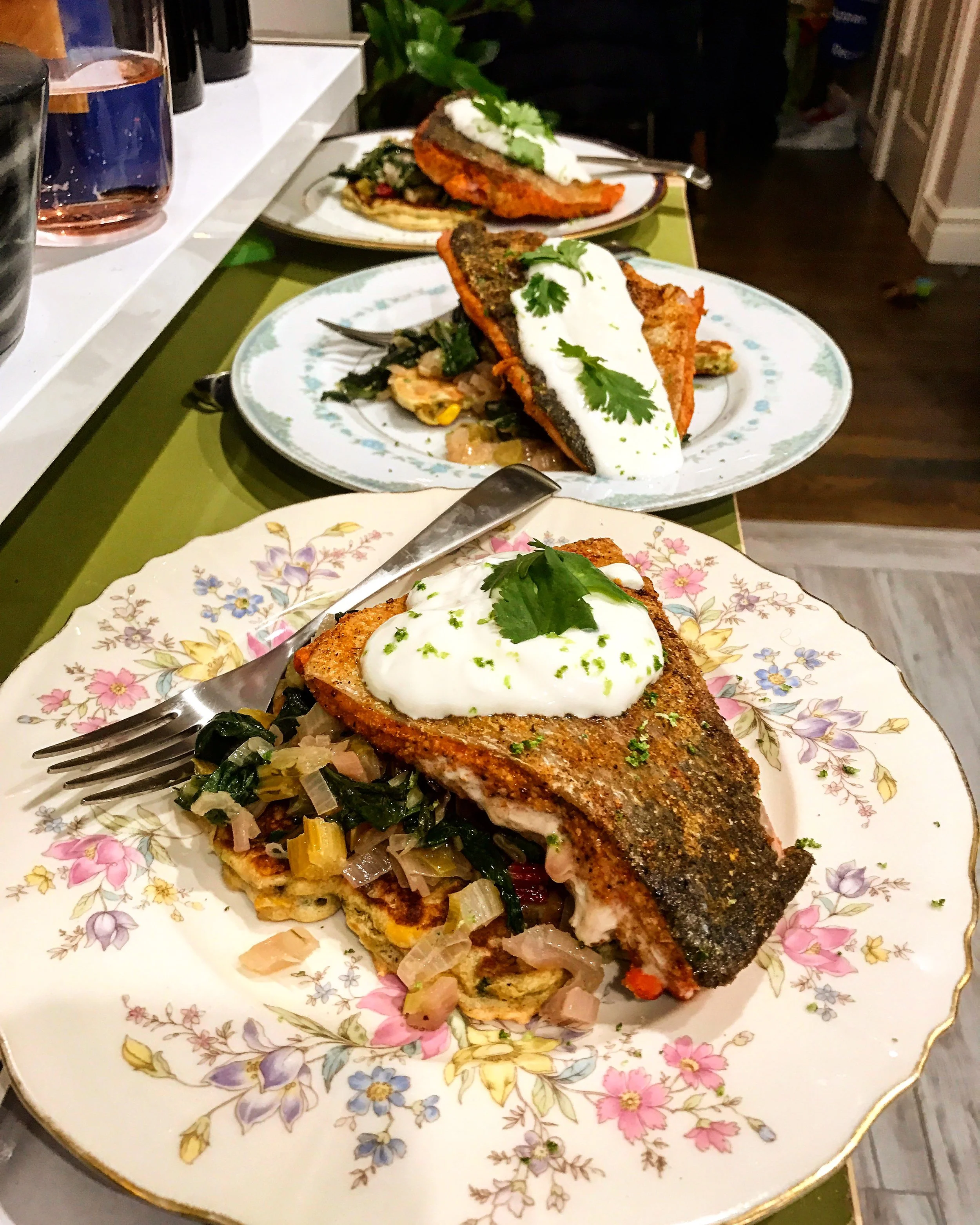 Crusted Salmon with Corn Cakes and Swiss Chard