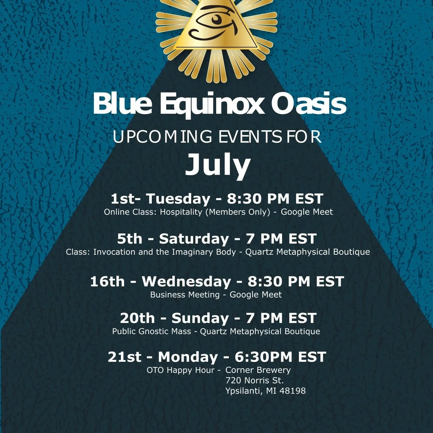 Do what thou wilt shall be the whole of the Law.

We have a number of public events this month, including a public celebration of the Gnostic Mass. Come on out and get to know us!

Love is the law, love under will.