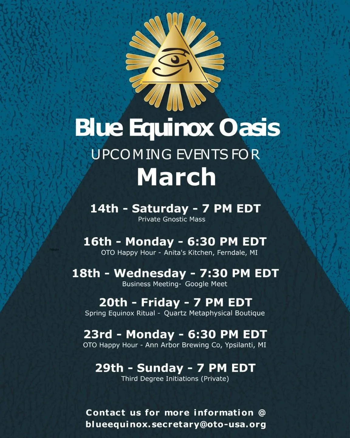 Do what thou wilt shall be the whole of the Law.

In addition to our usual monthly happy hours, this month we have a Spring Equinox Ritual that's open to the public. Join us for any of these public events if you're curious about Thelema or the OTO!

